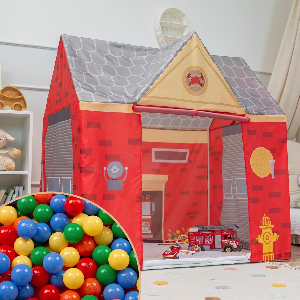 Speelhuis speeltent brandweerhuis met 100 ballen opvouwbaar voor kinderen realistisch design duurzaam en veilig gemakkelijk te monteren binnen en buiten