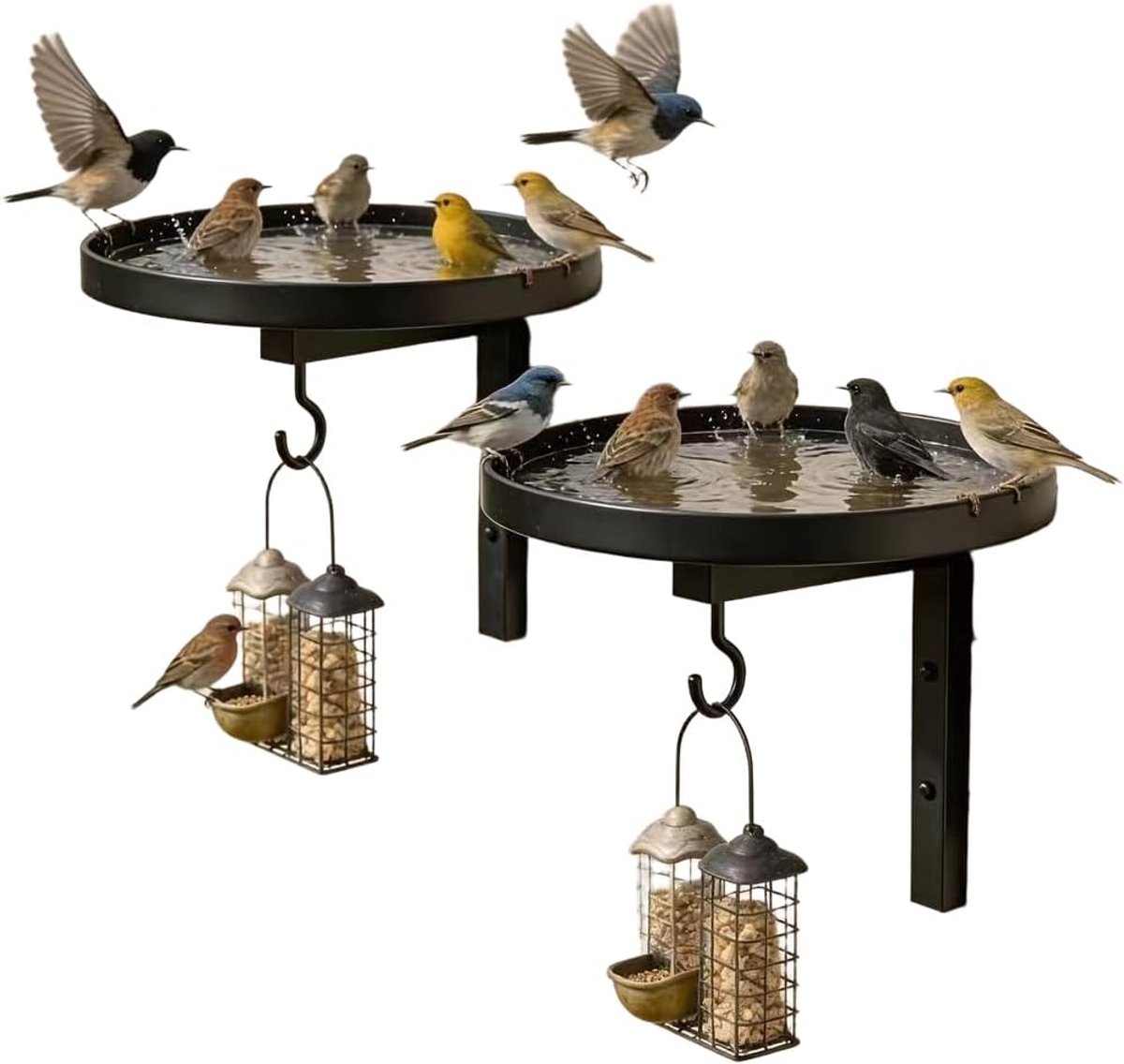 KZQ Robuuste Metalen Muurvogelvoederbak En Vogelbad Met Haak Zwart Rustiek Voor Tuin Terras En Balkon