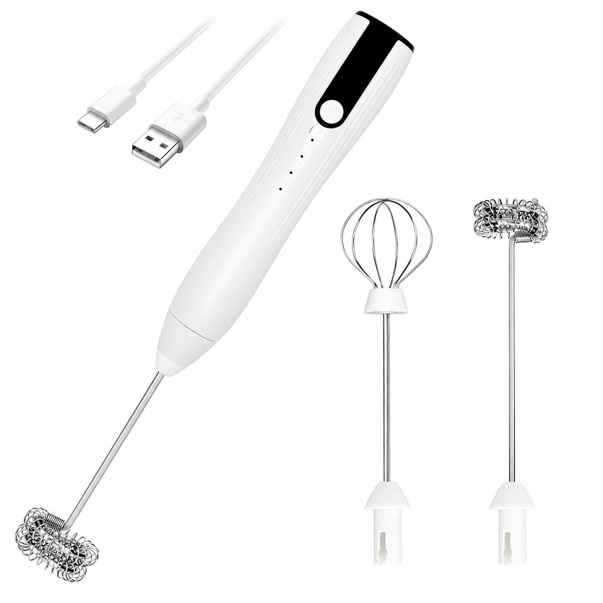 Bobypet - Elektrische Melkopschuimer Handheld - Oplaadbaar via USB-C - Met Standaard en 2 Gardes - 3 Snelheden - Roestvrij Staal -Wit