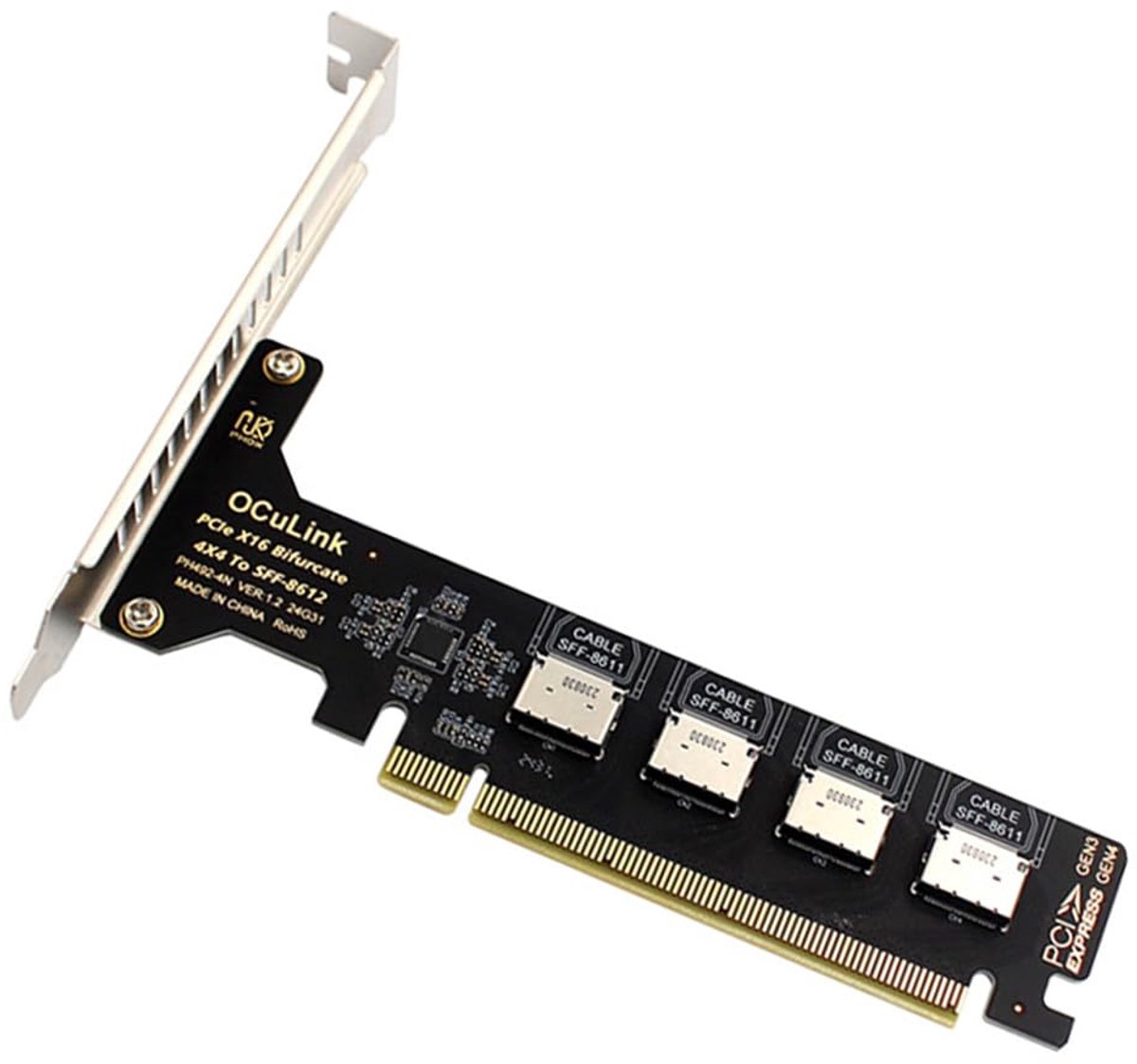 SnelShoppen - 4 Poorts PCIe 4.0 X16 naar Oculink Adapter, SFF-8611/8612 naar PCI Express Uitbreidingskaart met 8cm/12cm Slotbeugel voor SSD en eGPU