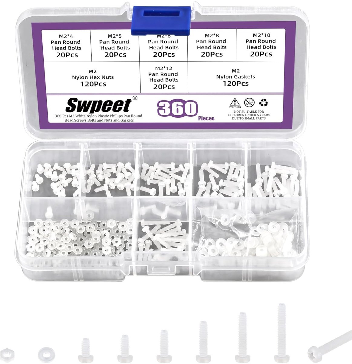 SnelShoppen - 360 Stuks M2 Witte Nylon Pan Ronde Hoofd Schroeven met Zeskantmoeren en Ringen Assortiment Kit, 6 Maten van 4 tot 12mm voor Klussen in H