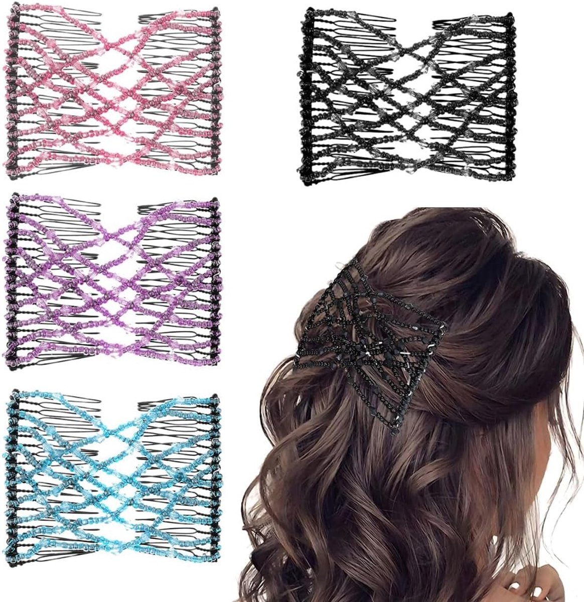 SnelShoppen - 4-delige Magische Haar Kam Set, Dubbele Elastische Kam met Clips, Haaraccessoires voor Lang, Kort en Krullend Haar, Lichtgewicht en Duur