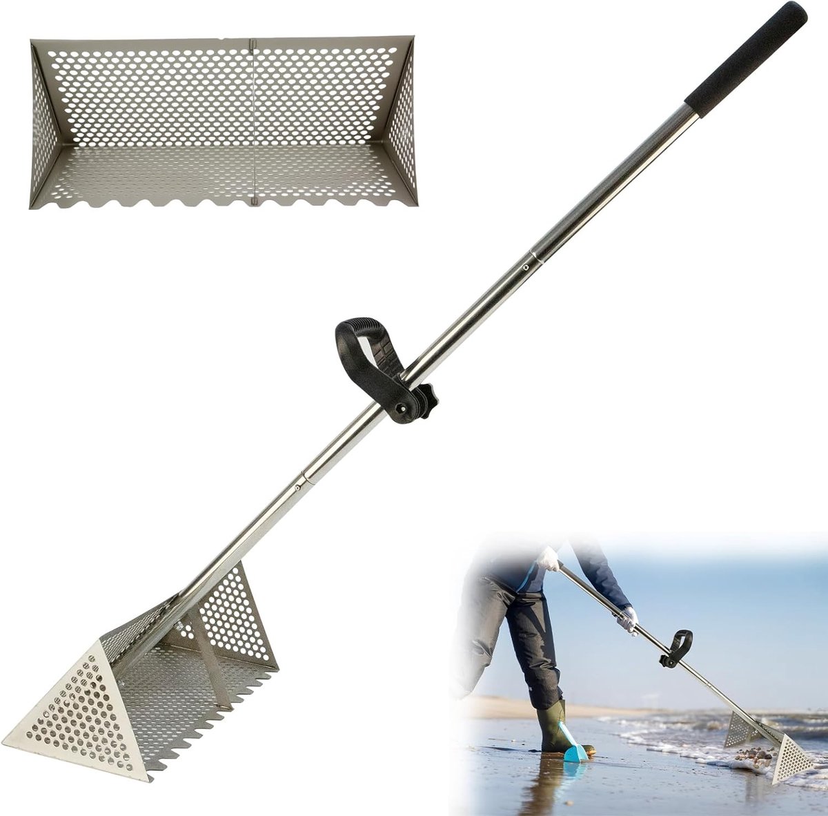 SnelShoppen - Strand Riek Sandvlooien Riek Roestvrijstaal met Brede Trapezium Mand Afneembare Zand Riek met Lange Handvat en Scherpe Tanden 40 cm