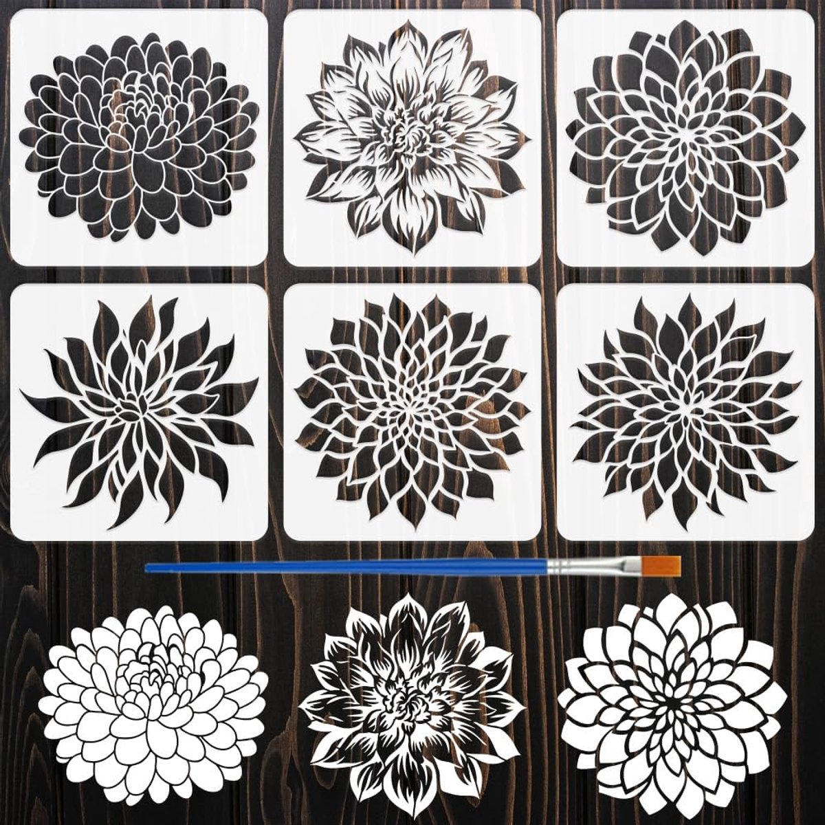 SnelShoppen - 6 Stuks Dahlia Schilder Stencil met Kwast 30x30cm - Herbruikbare DIY Sjablonen voor Bloemen en Planten Thema - Perfect voor Hout, Muur,