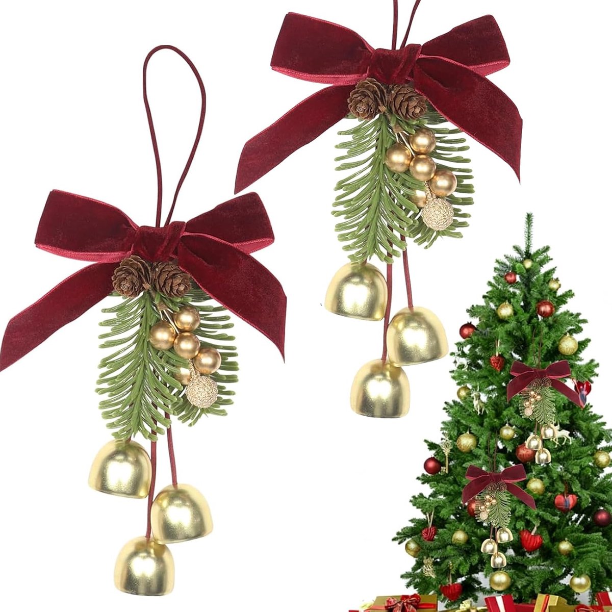 SnelShoppen - Kerststrikken met Klokken - 2 Stuks - Kerstboomdecoraties - Feestdecoratie - Rode Flanel - Kerstversiering voor Cadeaus