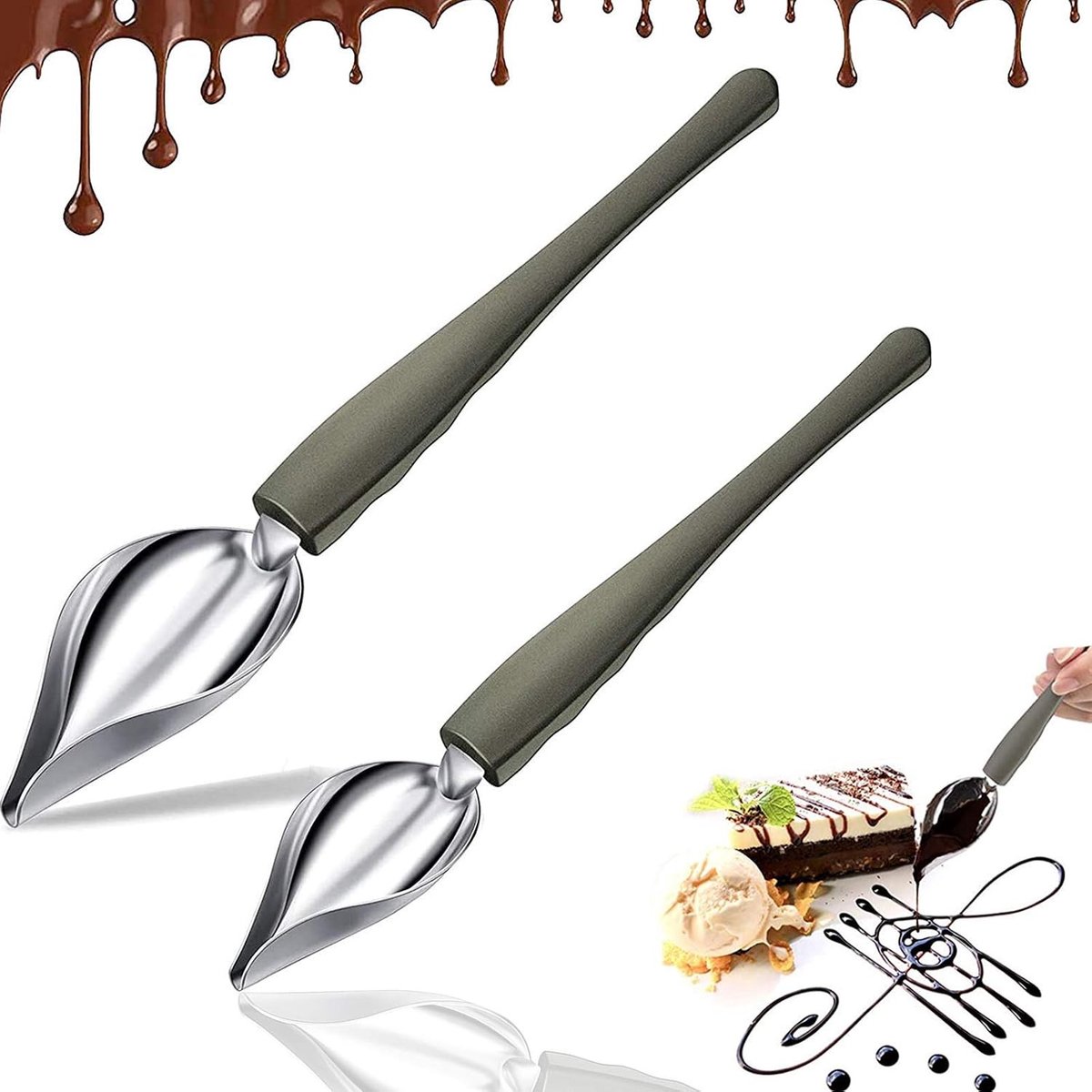 Pencil lepel set van 2 voor het decoreren van gerechten, taarten en koffie met een taps toelopende tuit van roestvrij staal