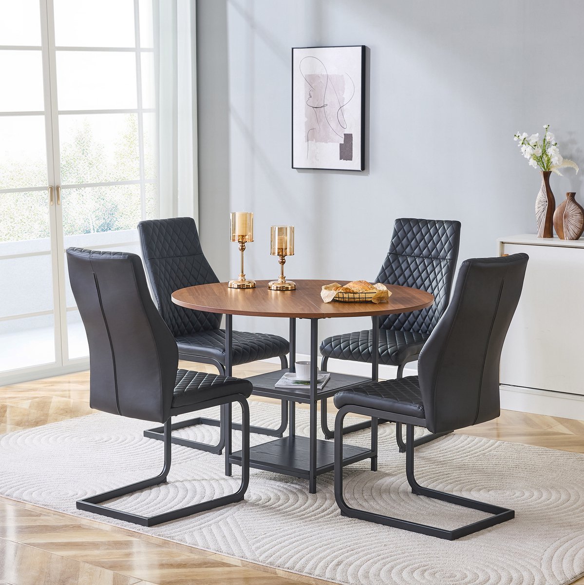 REDOM - Set tafel en stoelen - Ronde eettafel met dubbele opberglaag - Industrieel design - MDF en metaal - Zwart - 4 stoelen - 107 cm