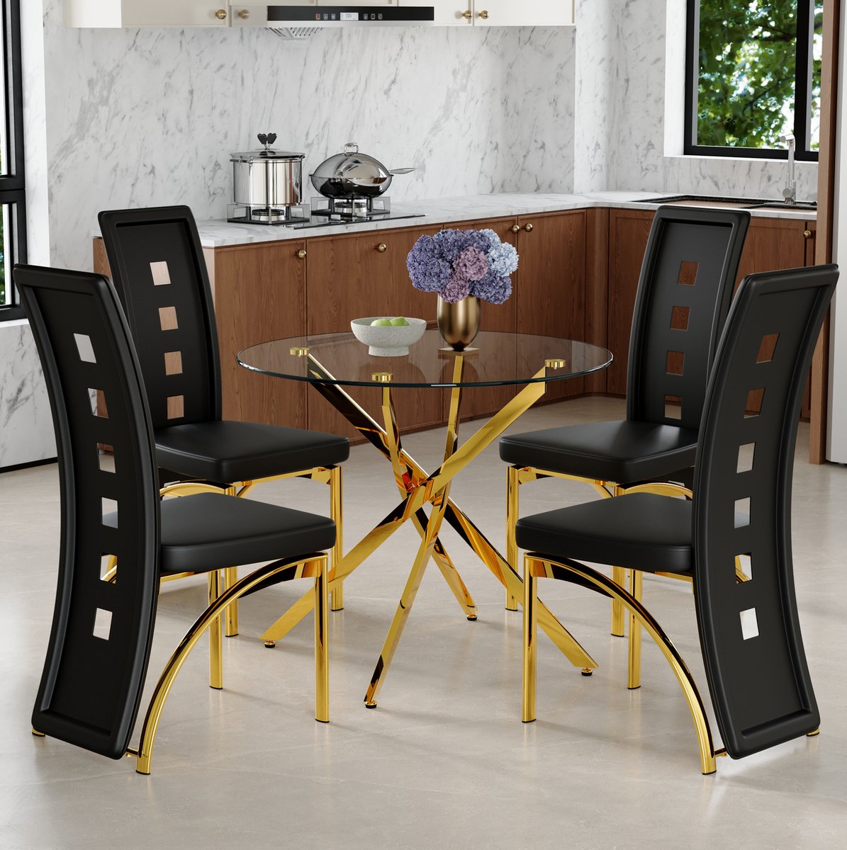 REDOM - Set tafel en stoelen - Ronde eettafel van gehard glas - 4 stoelen - Metalen frame - Modern - Kleine eetruimte - Zwart/Goud/Transparant - 88 cm