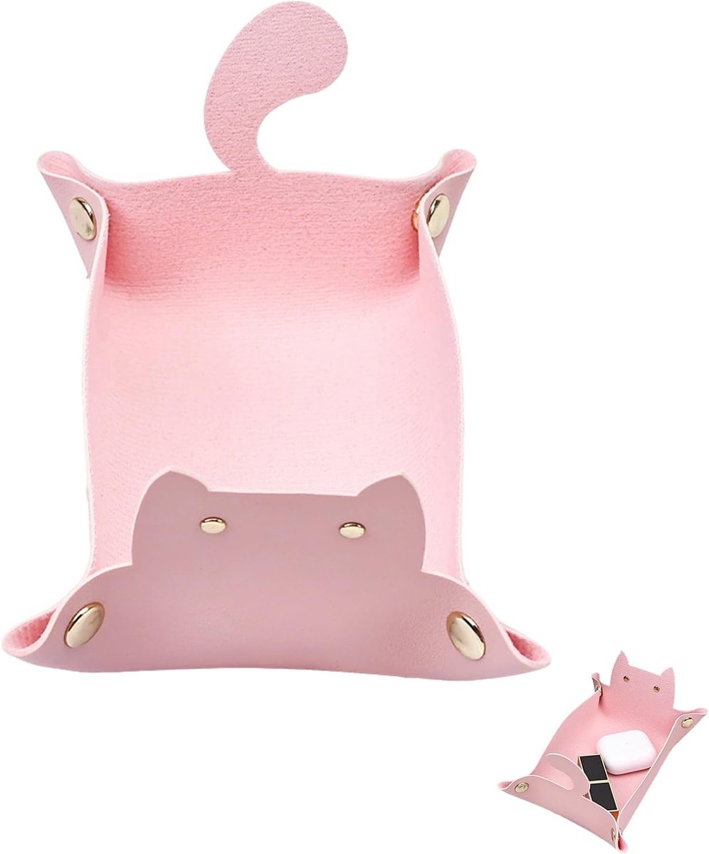 SnelShoppen - Roze Kat Opvouwbare Cube Tray voor DND en RPG, Leer Dice Schaal voor Sleutels, Koptelefoons en Dagelijkse Items, 31.5 x 17.5 cm