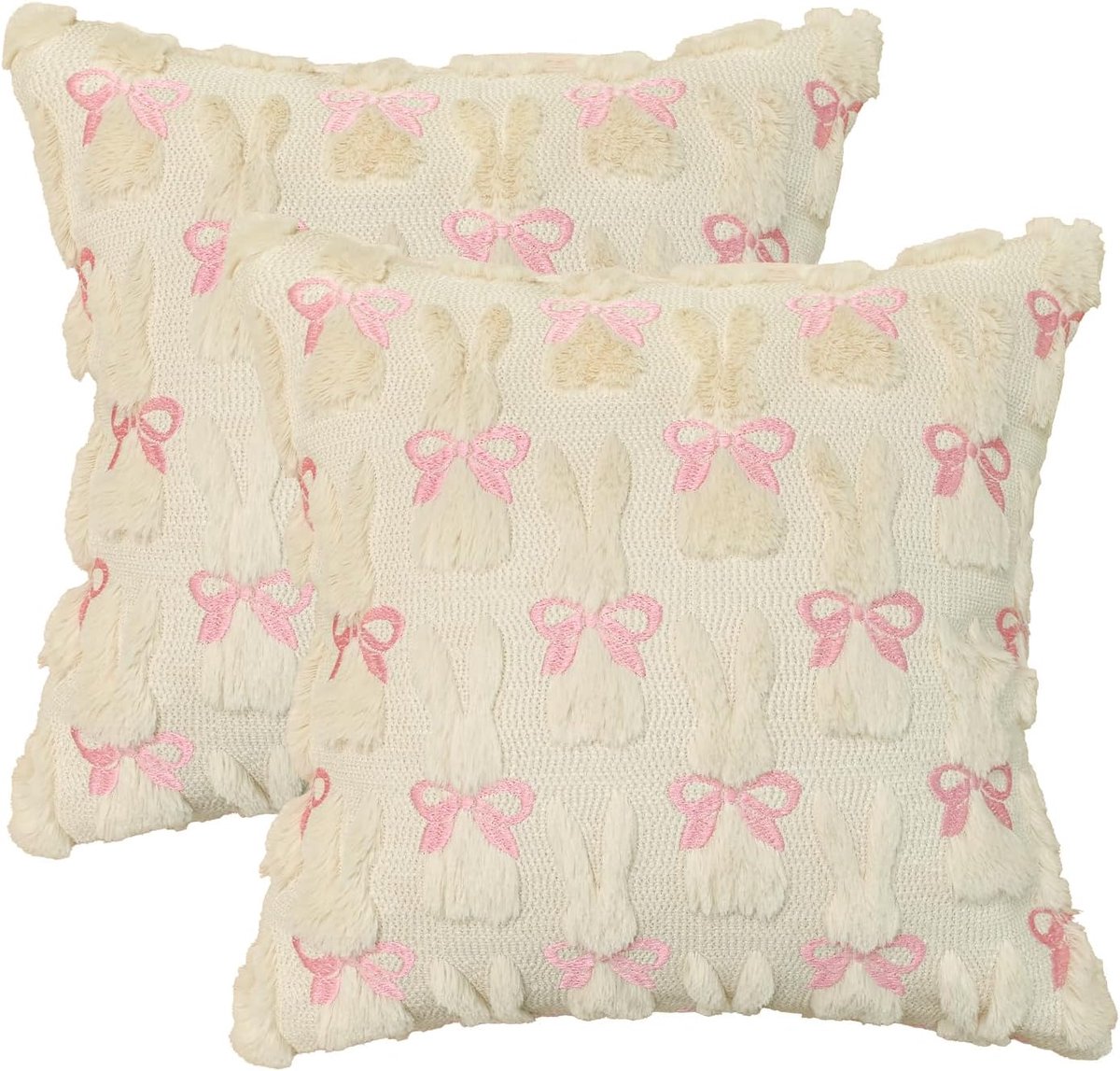 SnelShoppen - Set van 2 Luxe Faux Fur Kussenhoezen Beige met Strikken en Konijntjes 45 x 45 cm Pluche Velvet Decoratieve Kussenhoezen voor Woonkamer e