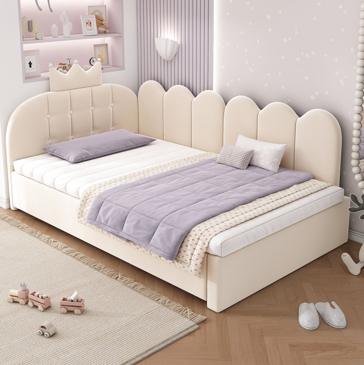 REDOM - Bed - Slaapbank met uitschuifbed - L-vormig frame - Fluwelen bekleding - Kinderkamer of logeerkamer - Stof met metaal en hout - Beige - 203 x 98 x 95 cm