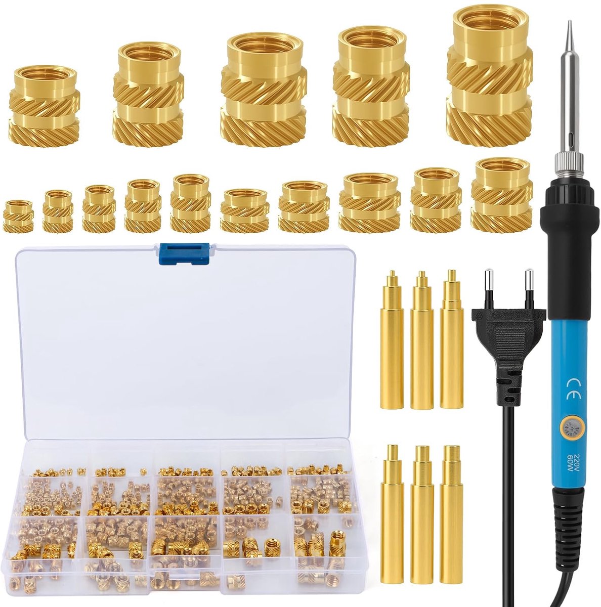 SnelShoppen - Soldering Iron Set met 257 Draad Inserts, 60W Instelbare Temperatuur, Messing Draad Inserts M2/M2.5/M3/M4/M5/M6, 6 Stuks Soldering Tips