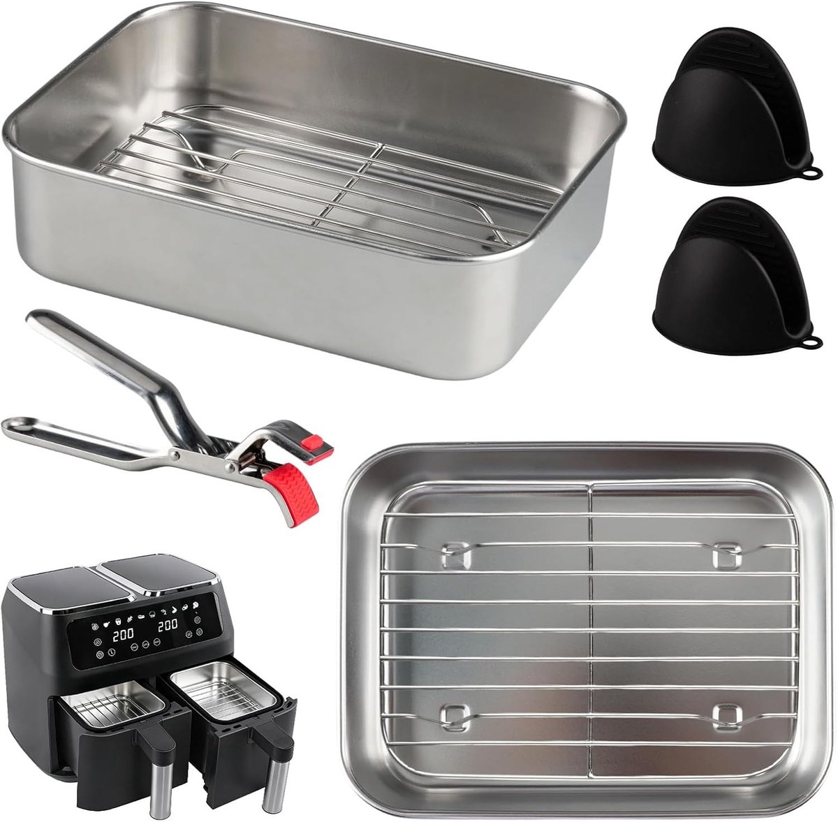 Bakken met RVS Bakvorm Set voor Dubbele Laag Airfryer, Inclusief Grijper en Siliconen Handschoenen, Perfect voor Taarten en Gerechten, 20x15.3 cm