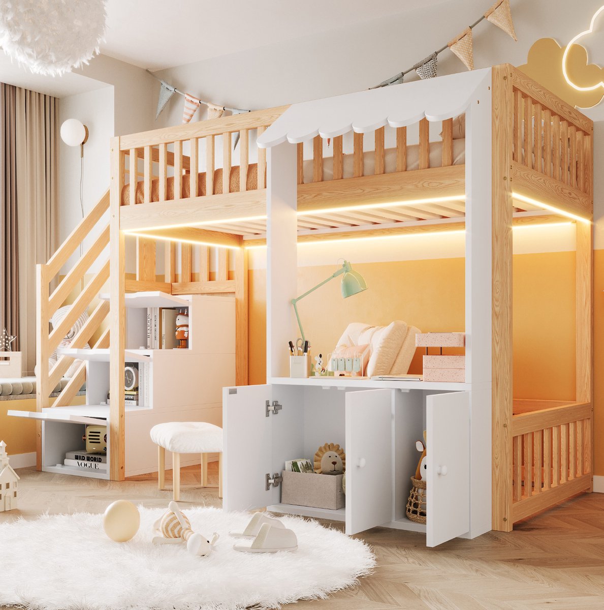 MIVRAY Hoogslaper 90x200 cm Zonder Matras - Hoog Bed Met Opbergruimte En Trap - LED Verlichting En Lattenbodem - Hout - Houtkleur