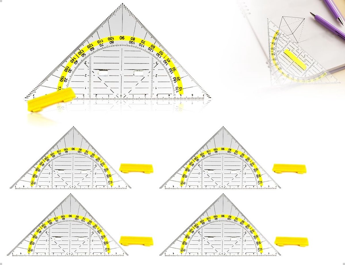 Thijox - 4 Geodriehoeken met Handvat - Flexibele Geodriehoek voor Cirkeltekenen - Ideaal voor Tekenstudenten, Ontwerpers en Modelbouwers - Transparant