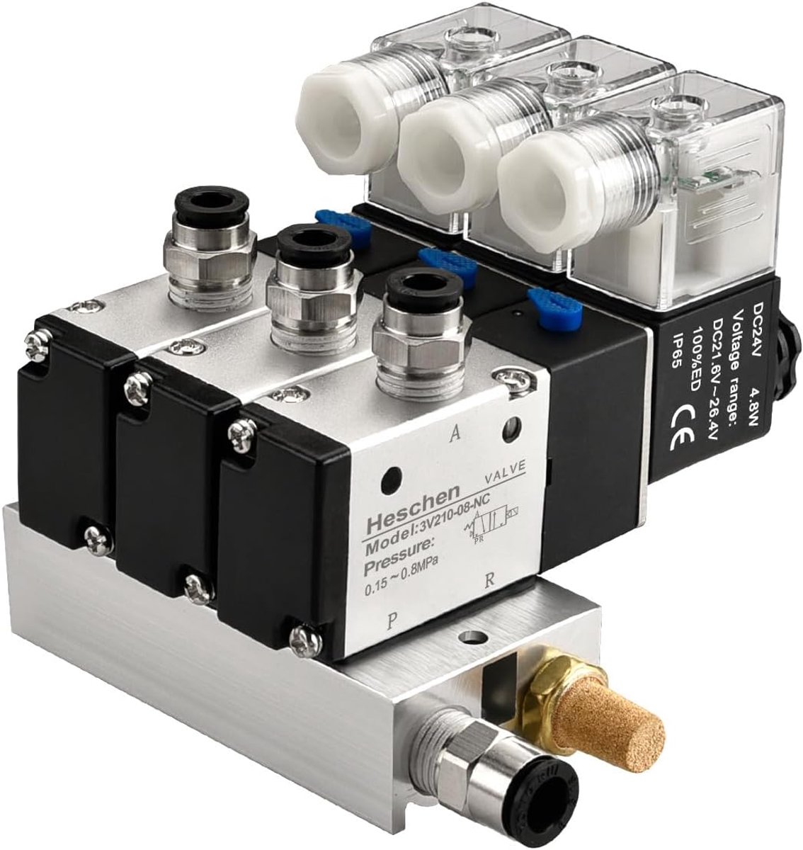 SnelShoppen - Elektrische Pneumatische Drievoudige Solenoidklep 3V210-08, DC24V, PT1/4, 3/2-Weg, Manifold Basis met Snelle Aansluitingen