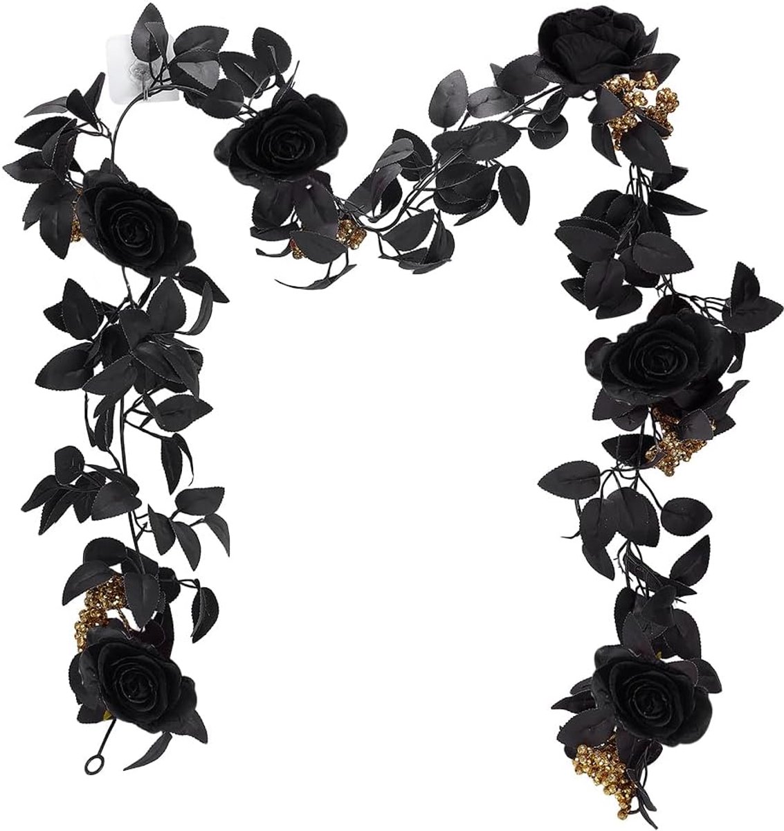 SnelShoppen - 1.7m Kunstmatige Zwarte Rozen Klimplant met Gouden Bessen en Zwarte Bladeren voor Halloween Decoratie, Wandversiering, Tafelcentra en Sp