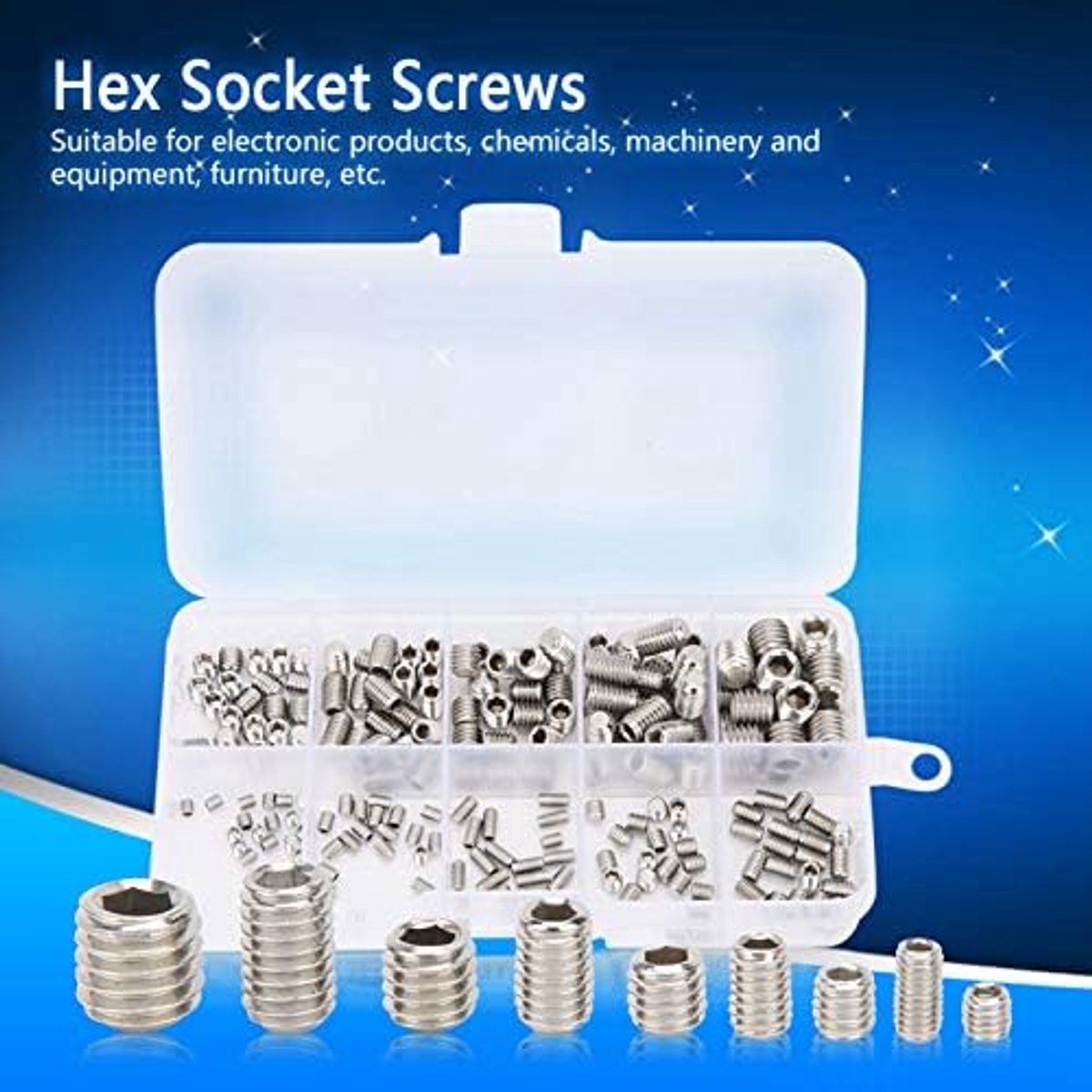 SnelShoppen - 200 Stuks Hex Hoofdschroeven Set RVS M3 M4 M5 M6 M8 Hoofdloze Schroeven Voor Elektronica, Verstelbare Schroeven, Roestvrij Staal