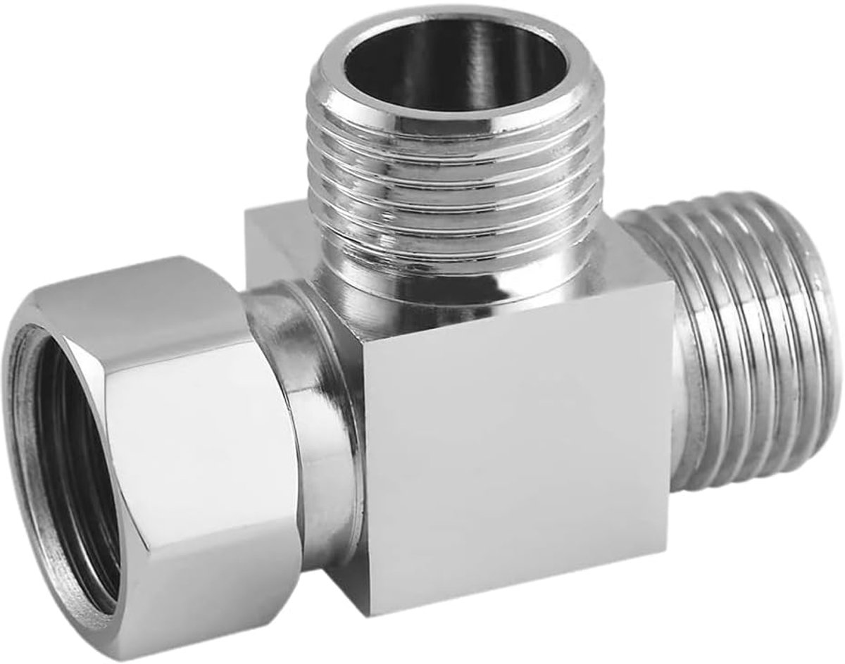SnelShoppen - Diverter Ventiel G1/2" 3-Weg T Adapter Douchekraan Messing Ventiel Inverter Kraan voor Toilet Badkamer Keuken, Glanzend Chroom Geplateer