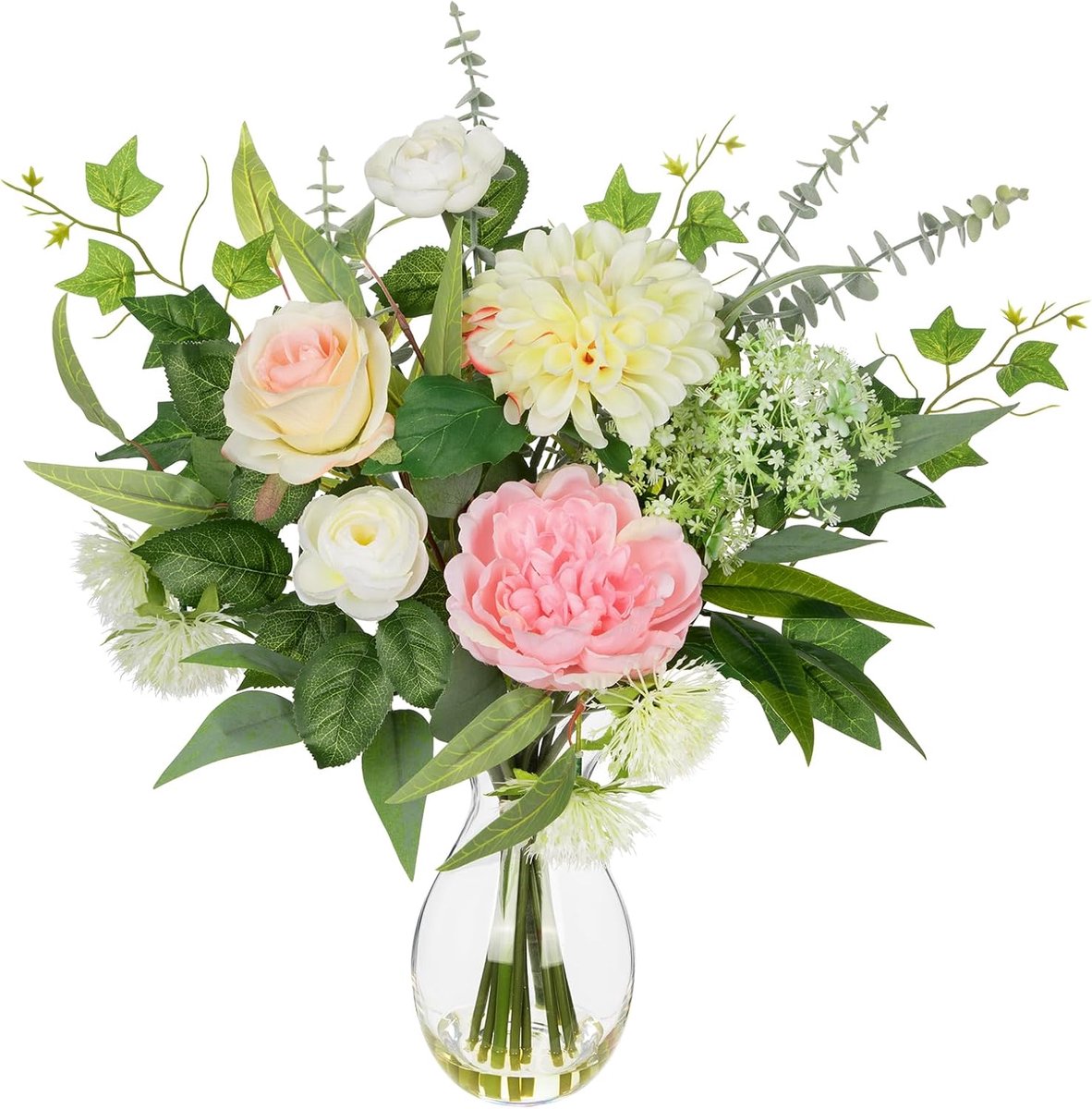 SnelShoppen - Kunstbloemen in Glazen Vaasje 50CM Kunstmatige Dahlia, Rozen, Pijnroos Bloemarrangement Tafel Decoratie Modern voor Woonkamer, Keuken, B