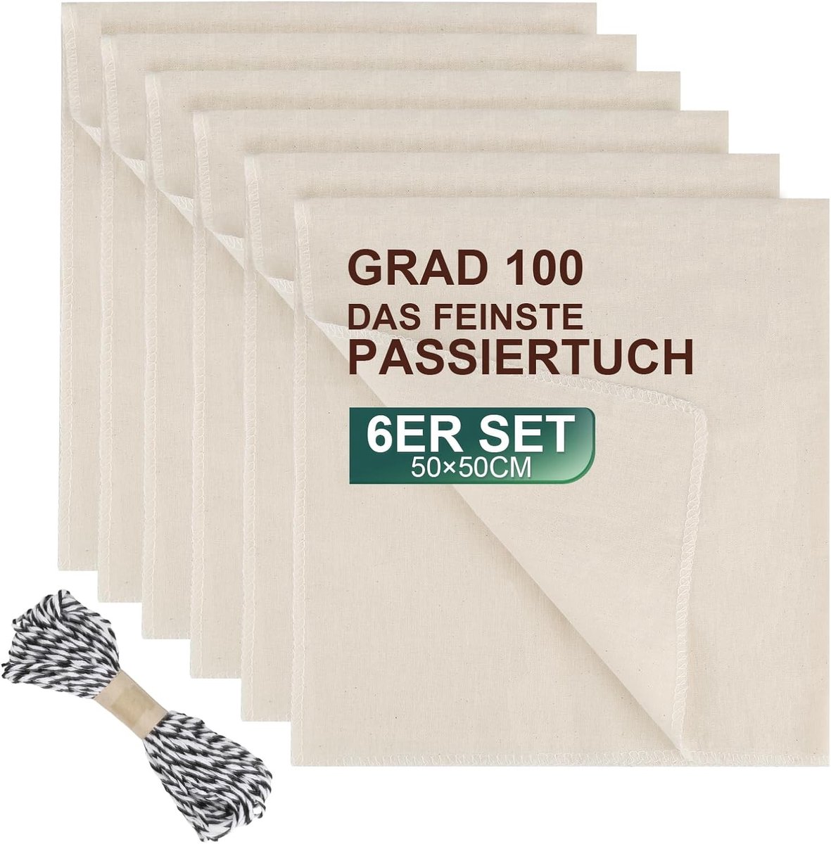 6 stuks 50 x 50 cm ongebleekt schermdoek van katoen met gestikte randen, wasbaar en herbruikbaar, ideaal voor kaas maken en ambachtelijke projecten