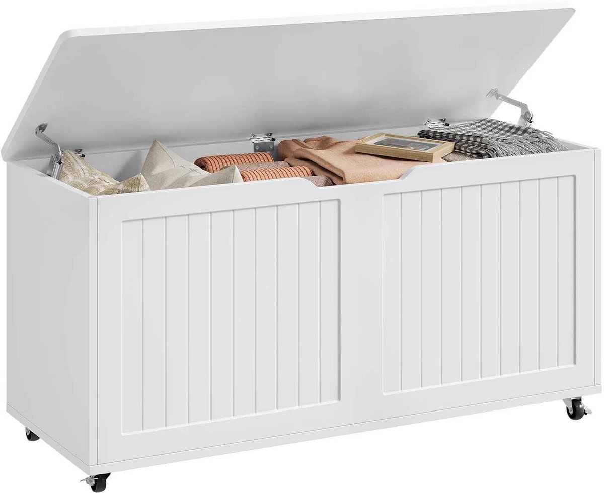 CORE Opbergbank met Wielen - Houten Zitbank met Opbergruimte en Deksel - Speelgoedkist met Veiligheidsscharnier - Schoenenbank en Opbergkist - Multifunctionele Opbergbank - Max. belastbaar 136kg - 100x40x50.5cm - Wit