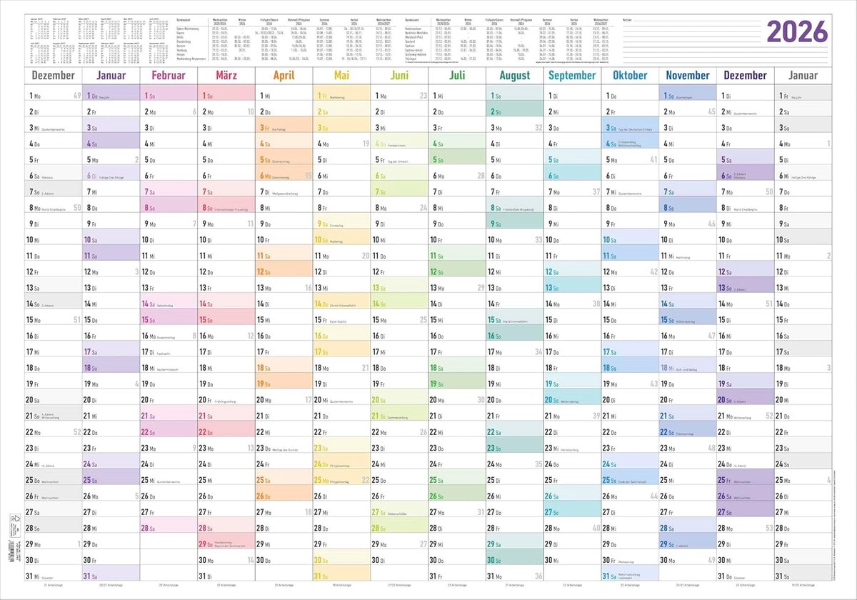 SnelShoppen - Jahresplaner XL 14 Maanden 2026 - Plakat-Kalender 100x70 cm - Jaaroverzicht - Vakantieoverzicht - Werkdagen Tellen - Ideaal voor Thuis,