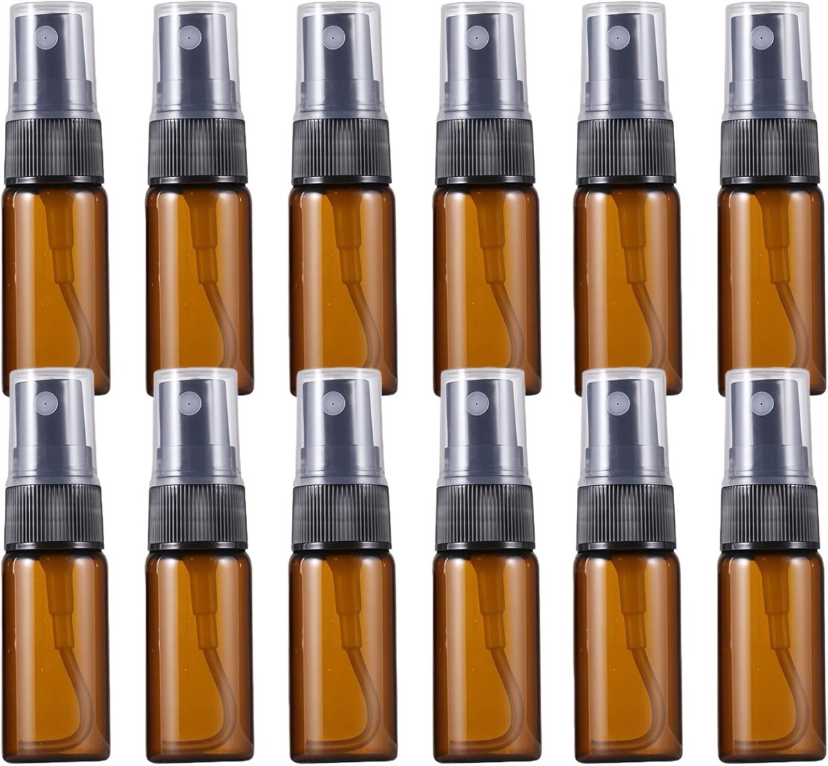 SnelShoppen - 12 x Amber Glazen Flessen met Zwarte Mondstuk en Transparante Deksel voor Make-up, Water, Parfum, Cosmetica, Monsters - 5ml, 10ml, 15ml