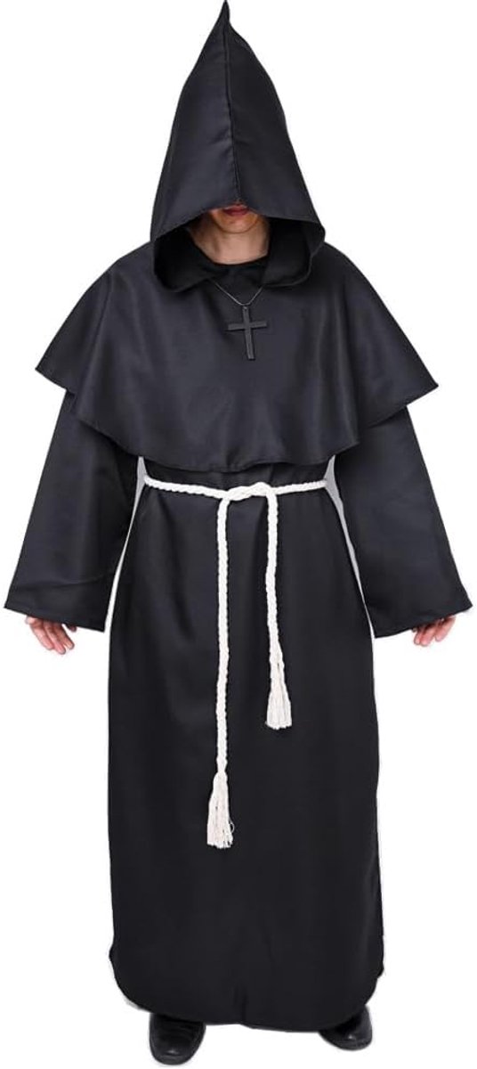 SnelShoppen - Myir JUN Halloween Kostuum Mannen Carnaval Kostuum | Middeleeuwse Mantel Met Kap voor Mannen Volwassenen (Zwart, XXL)