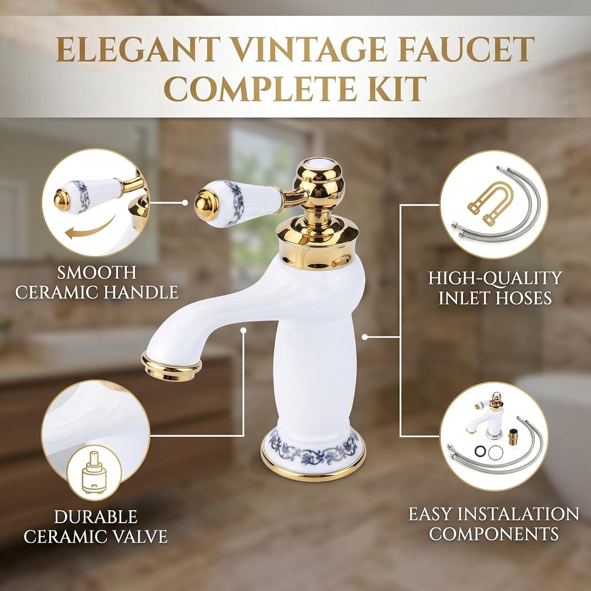 SnelShoppen - G1/2" Enkele Handgreep Keuken- en Badkamermengkraan, Bronzen Koud en Warmwaterkraan met Keramische Cartridge, Vintage Bloemenontwerp voo