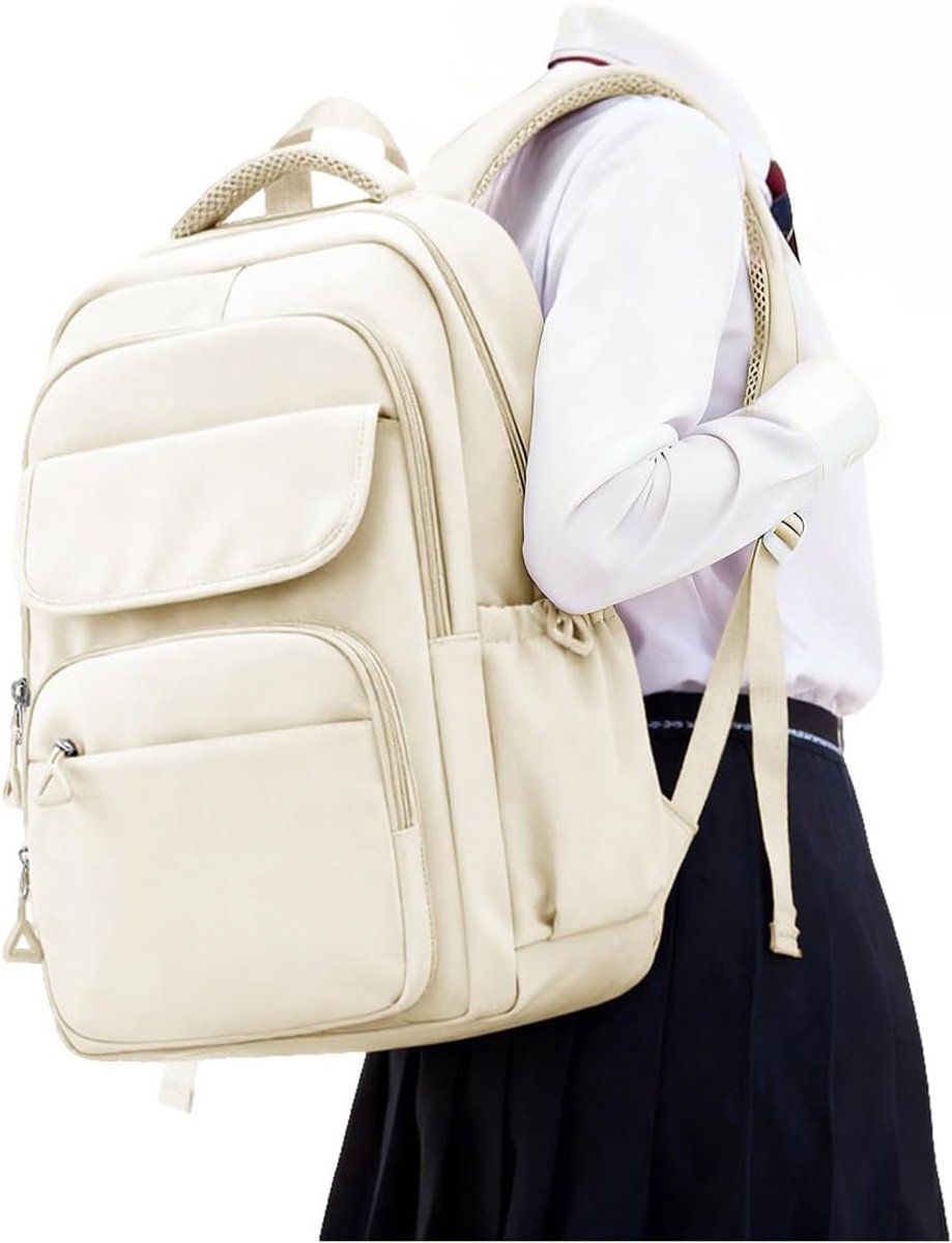 Rugzak - Schoolrugzak - Lichtgewicht Laptoprugzak - 47 x 34 x 17 cm- Waterafstotend - Met Meerdere Vakken - Beige