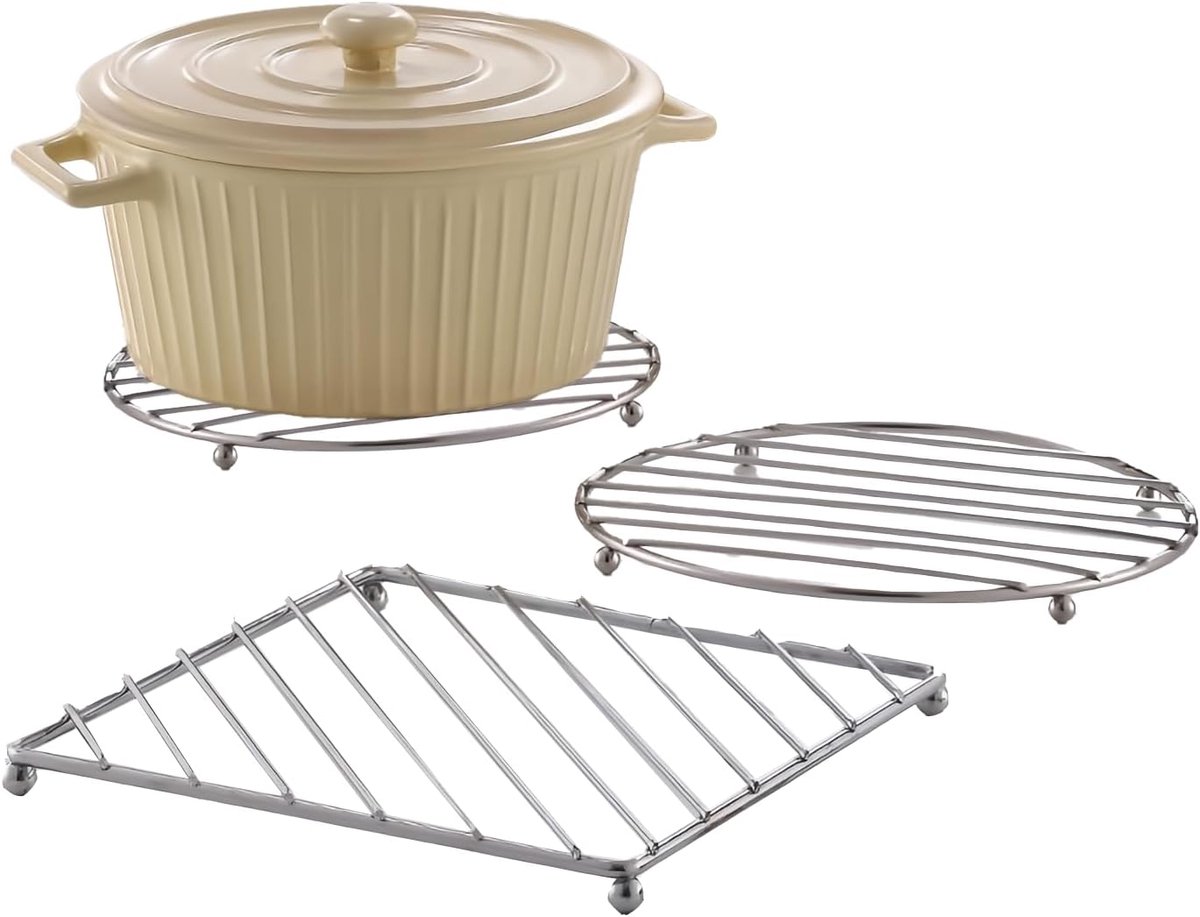 Roestvrijstalen Onderzetters - 2 Rond (18 cm) + 1 Vierkant (18,5x18,5 cm) - Hittebestendige Pannenmatten - Zilver - 3 stuks