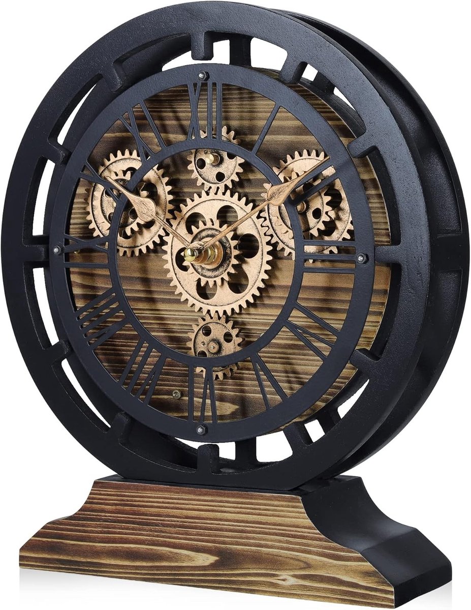 10 Inch Houten Vintage Wand- en Tafelklok met Bewegende Tandwielen - Rustieke Decoratie voor Thuis — cadeau in Wonen & Interieur - foto 4