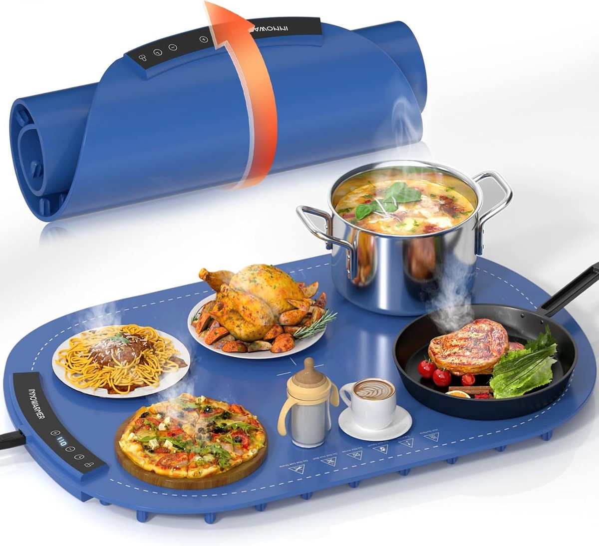 Vouwbare elektrische warmhoudplaat met 8 instelbare temperaturen en timer voor buffet en gezin blauw