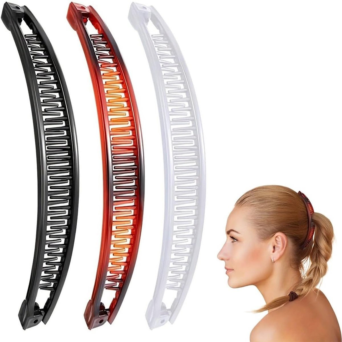 SnelShoppen - 3-delige Banana Clips Set voor Vrouwen - Haaraccessoires in Zwart, Wit en Bruin - Grote Haarspelden voor Dun Haar - Vintage Haarclips vo