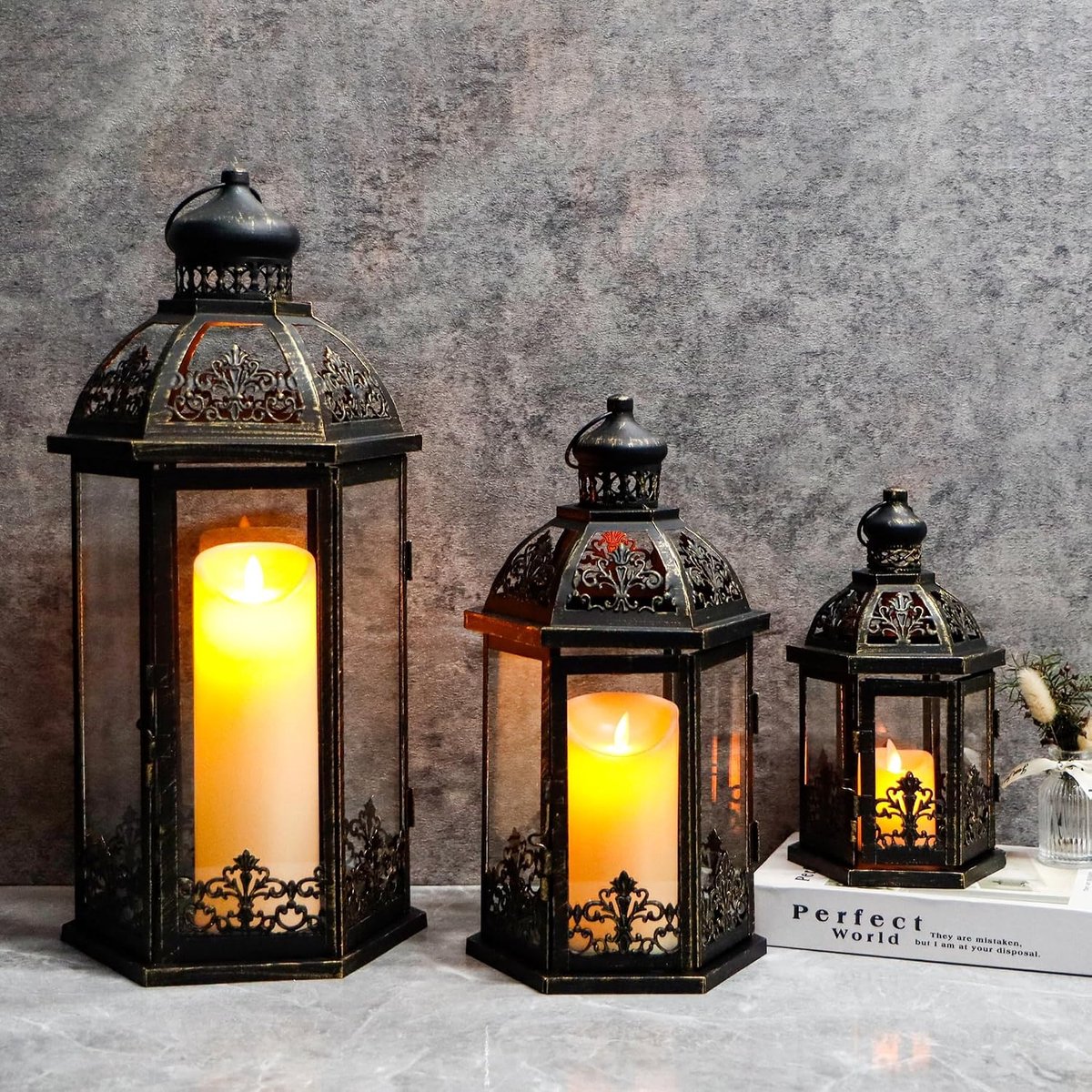 SnelShoppen - Set van 3 Decoratieve Kaarsenlantaarns Zwart en Goud Metaal 48,3/34,4/24,1 cm met Gehard Glas voor Porch, Patio, Bruiloft en Thuisdecora