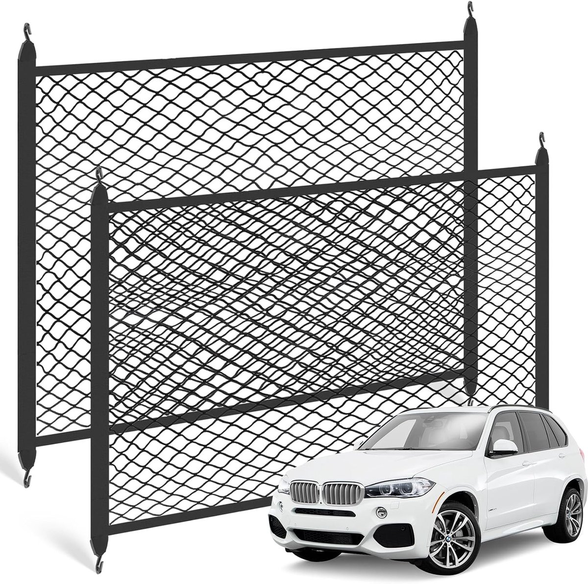 SnelShoppen - 2 x Bootnet, Bagagenet (120 x 80 cm + 80 x 60 cm), Elastisch Bootnet met 4 ABS Haken, Zeer Elastisch en Compatibel met Meeste Auto Model