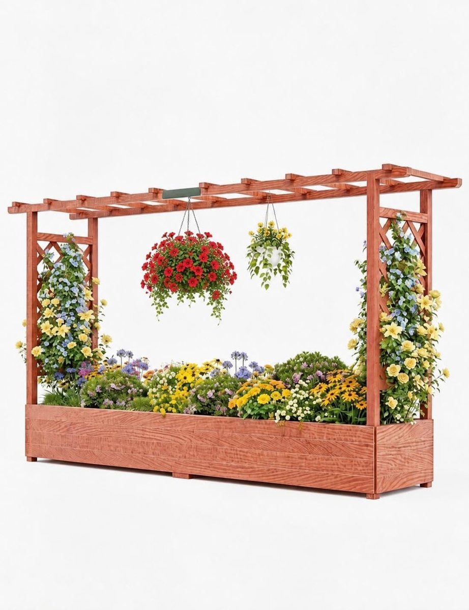 Houten Kweekbak op Poten met Trellis & Dakje - 200 x 44 x 113.5 cm - Verhoogde Plantenbak voor Klimplanten, Bloemen & Groenten - Oranje-Bruin