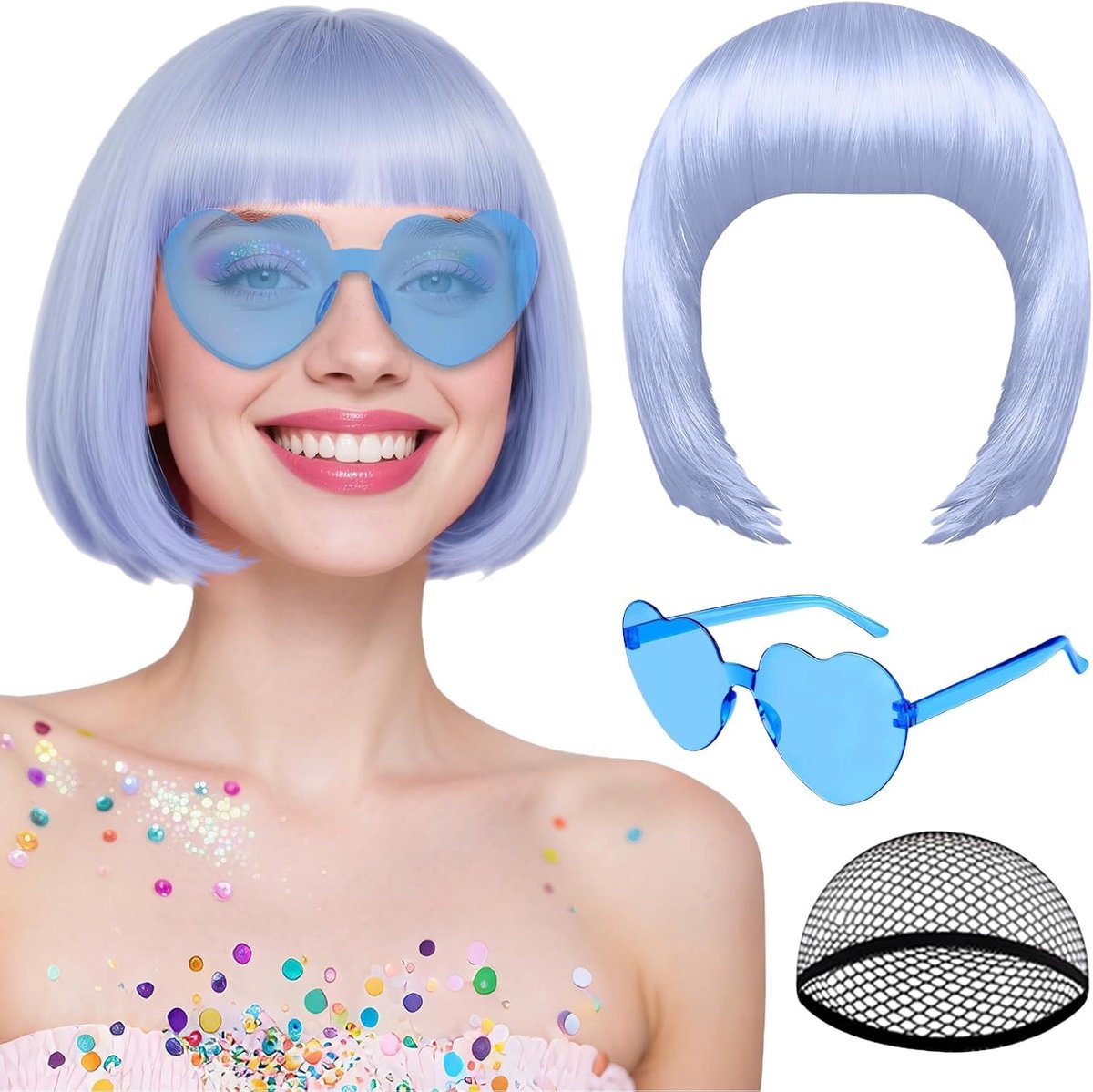 Grijze Bobperman met Pony voor Vrouwen, Korte Hittebestendige Cosplayperman voor Carnaval en Halloween met Zonnebril en Perukenkap