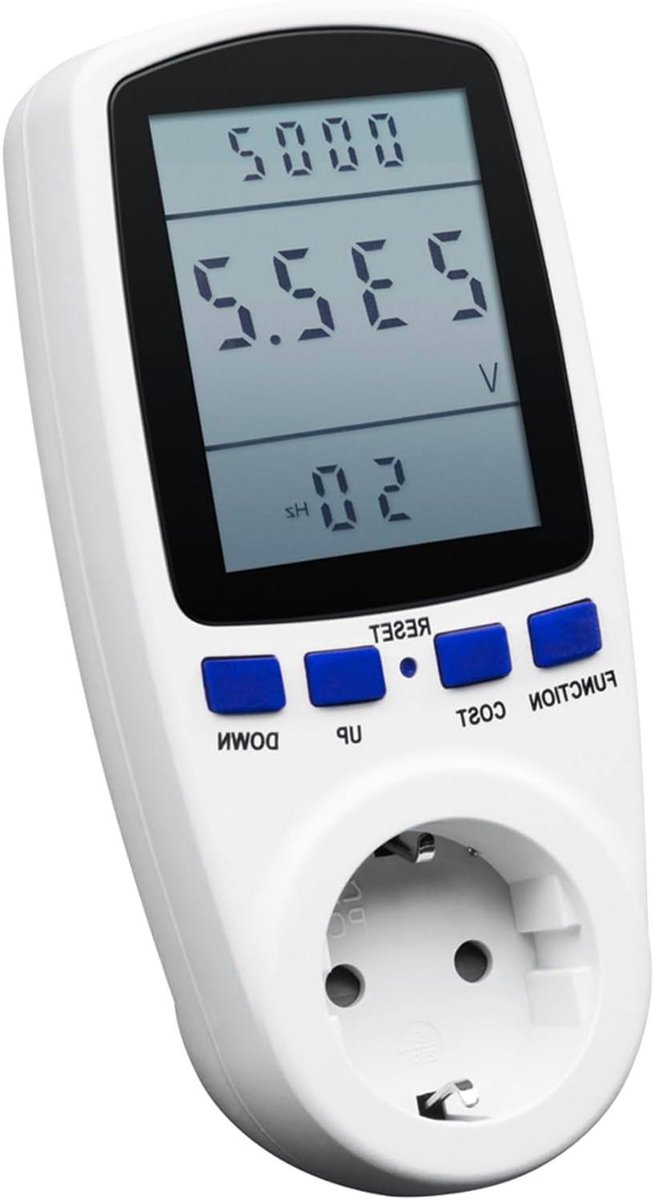 Stroommeter Stopcontact - Energiekostenmeter LCD - Stroomverbruik Meten - Exacte Kosten Invoer - Tot 16A - Wit