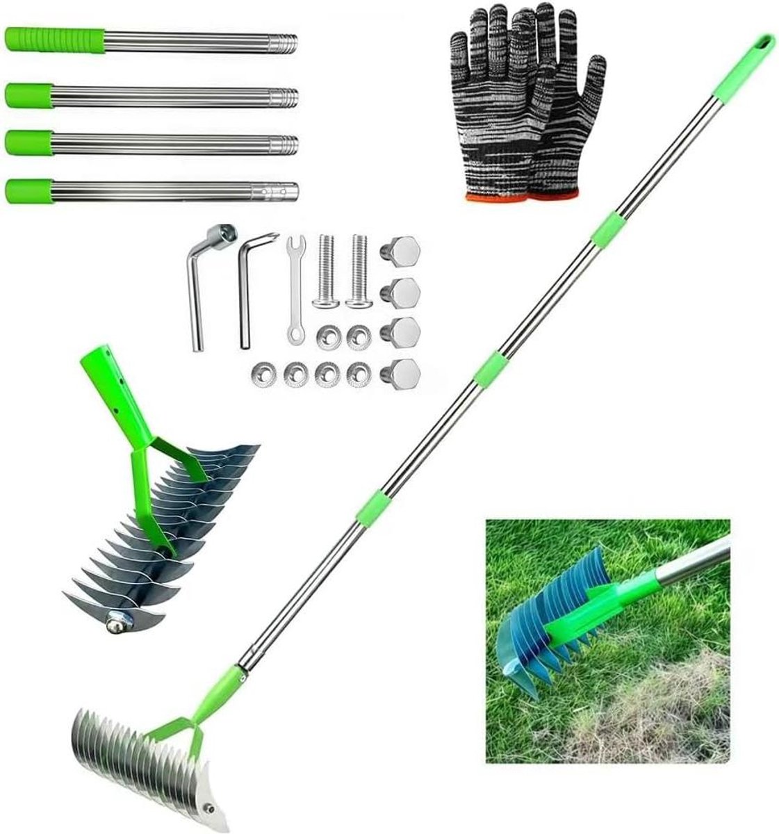 Verticuteer hark - Gazon hark - Gazon onderhoud - Dubbelzijdig tandontwerp - 160 cm steel - Groen