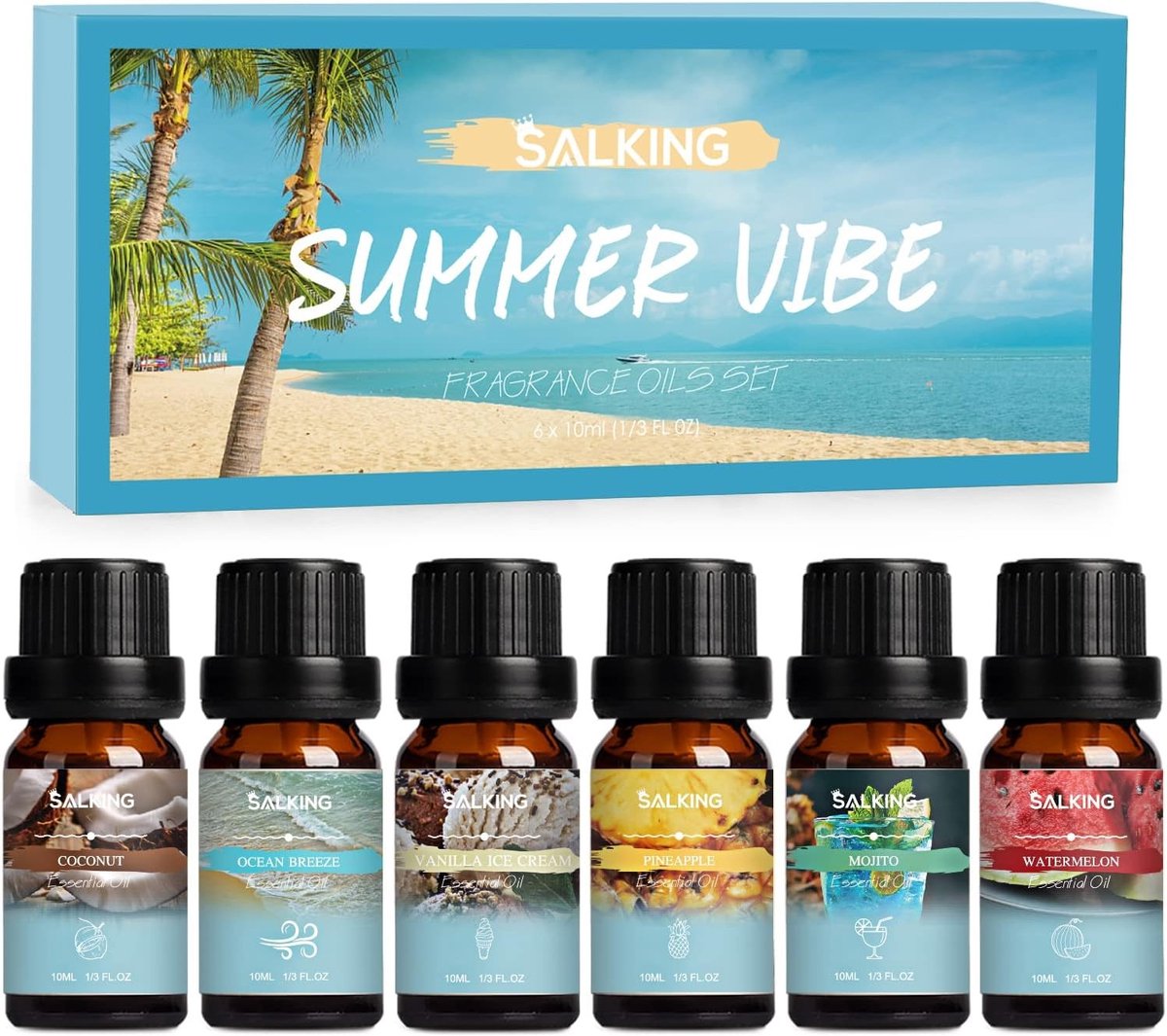 Zomerse Essentiële Olie Set van 6 x 10 ml voor Aromatherapie, Diffuser en Massage - Kokosnoot, Ananas, Watermeloen, Zee Bries, Mojito en Vanille IJs