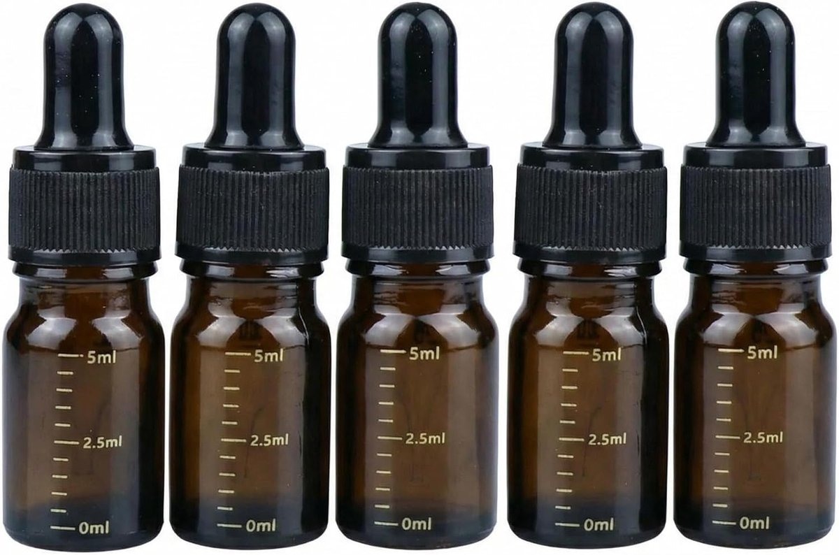 SnelShoppen - 5 Stuks 5ml Lege Navulbare Amber Glazen Flesjes met Pipet voor Essentiële Olie, Parfum en Aromatherapie, Geschikt voor Reizen