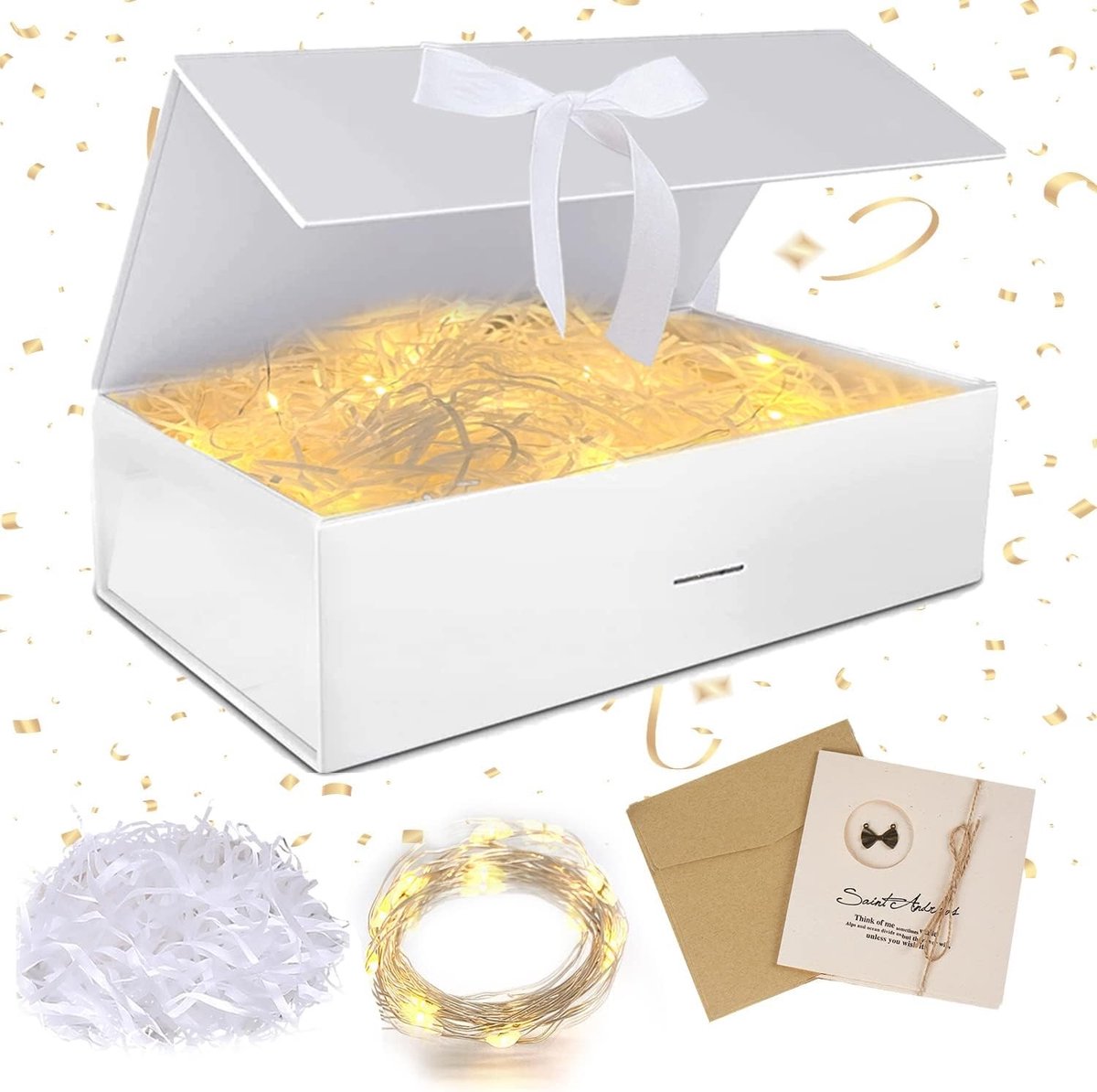 Vouwbare Cadeau Doos met Deksel en Strikken, Inclusief Magnetische Sluiting, Perfect voor Verjaardagen en Bruiloften met LED Lichten en Kaarten