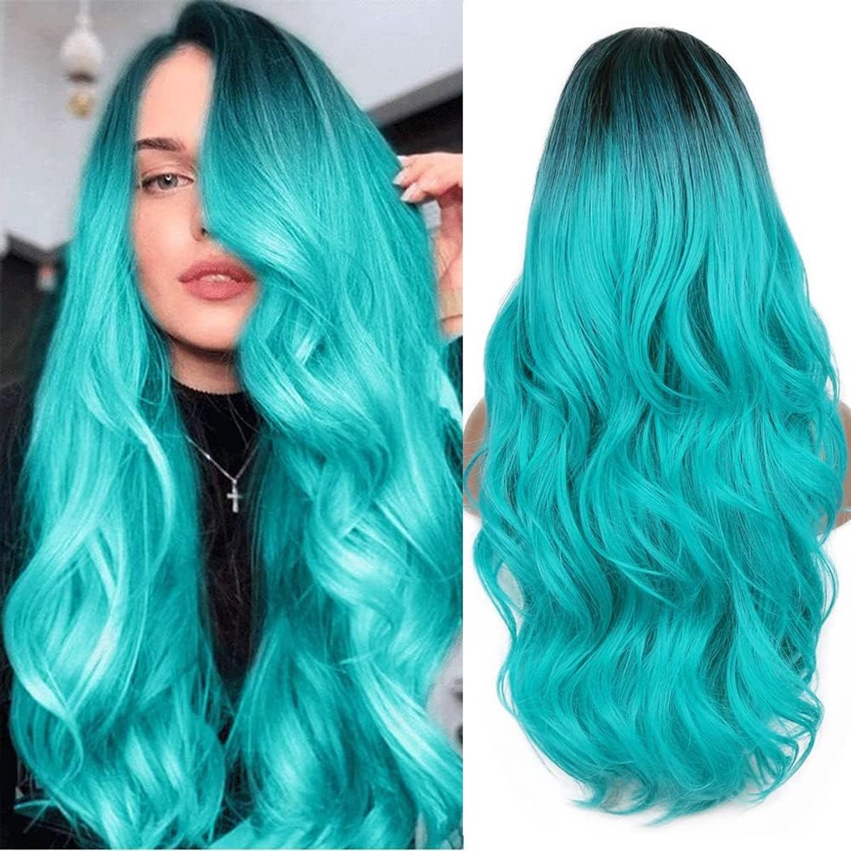 Lang Krullend Haarstuk - Ombre Teal Blauw - 100% Synthetisch - Perfect voor Cosplay - ShopVlot
