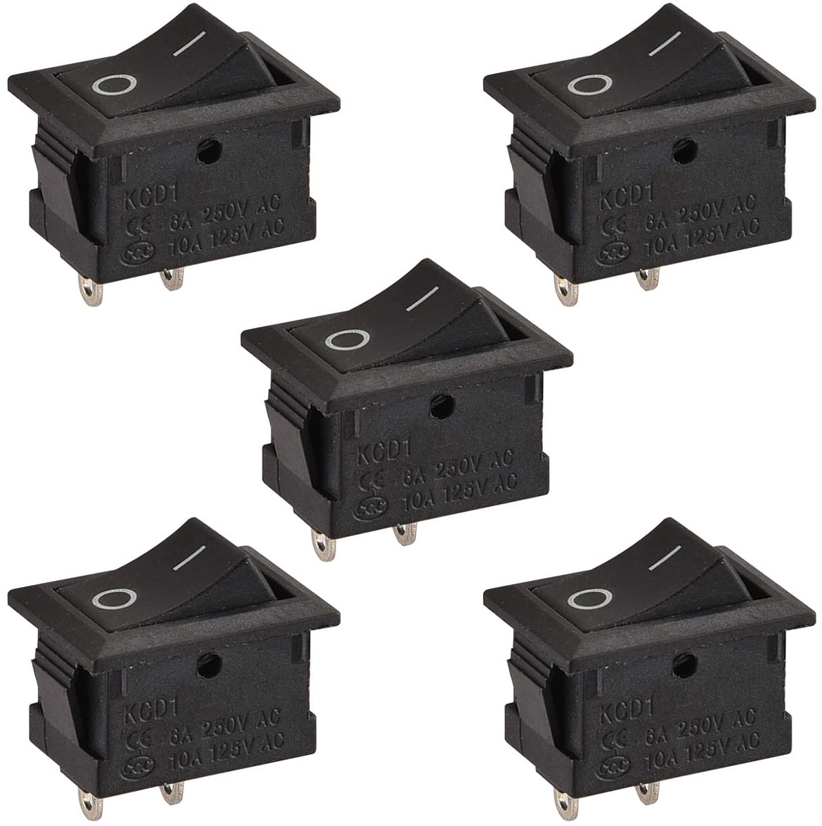 SnelShoppen - Pack van 5 ON-OFF, SPST, Rectangulaire Rockerschakelaar, 2 Posities, 2 Klemmen, AC250V/6A, AC125V/10A voor Auto, Boot, Huishoudelijke Ap