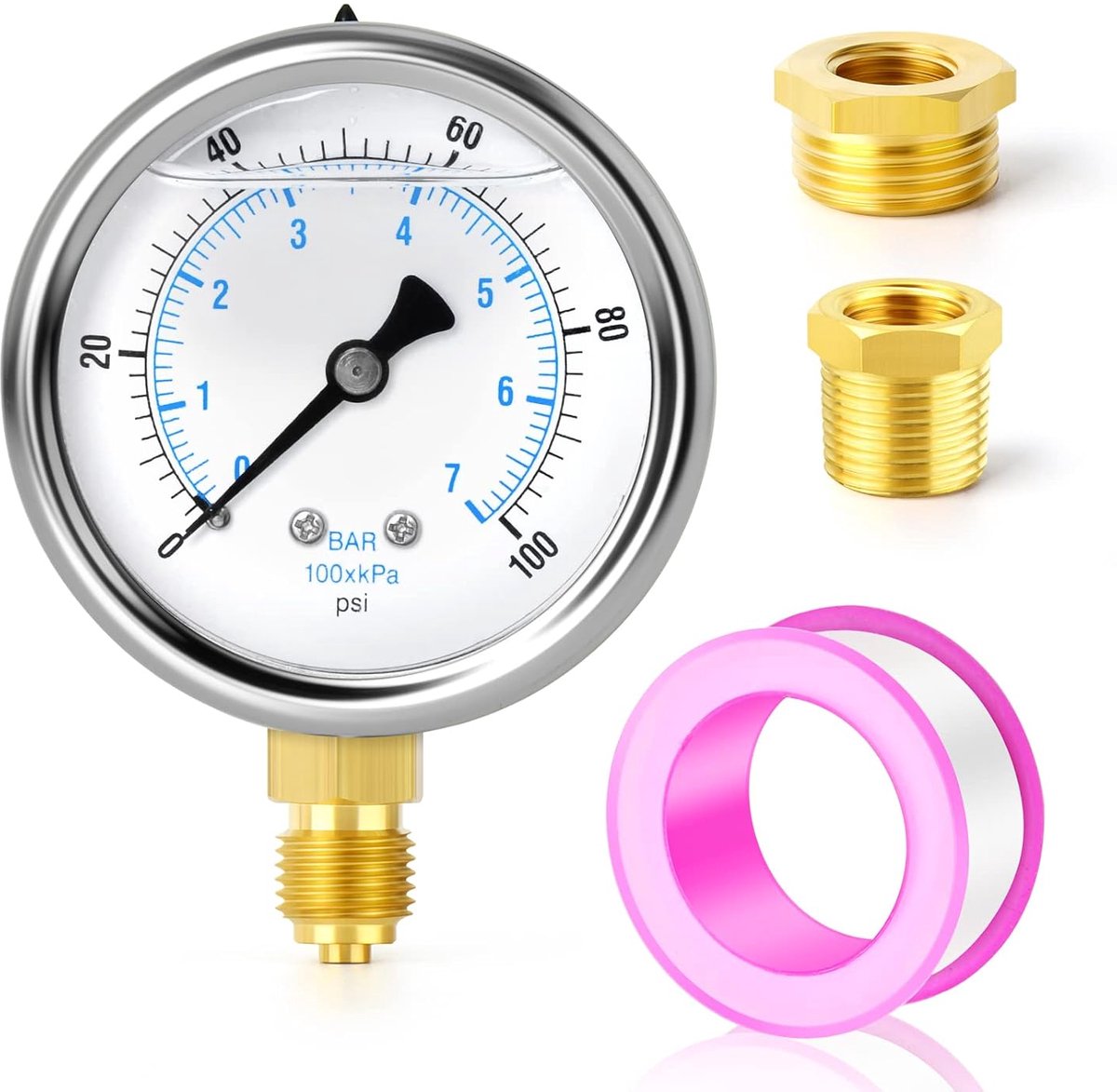 SnelShoppen - RVS 1/4" BSP 2.5" Inch Vulpunt Drukmeter tot 0-7 Bar voor Water, Olie en Gas - Onderste Bevestiging