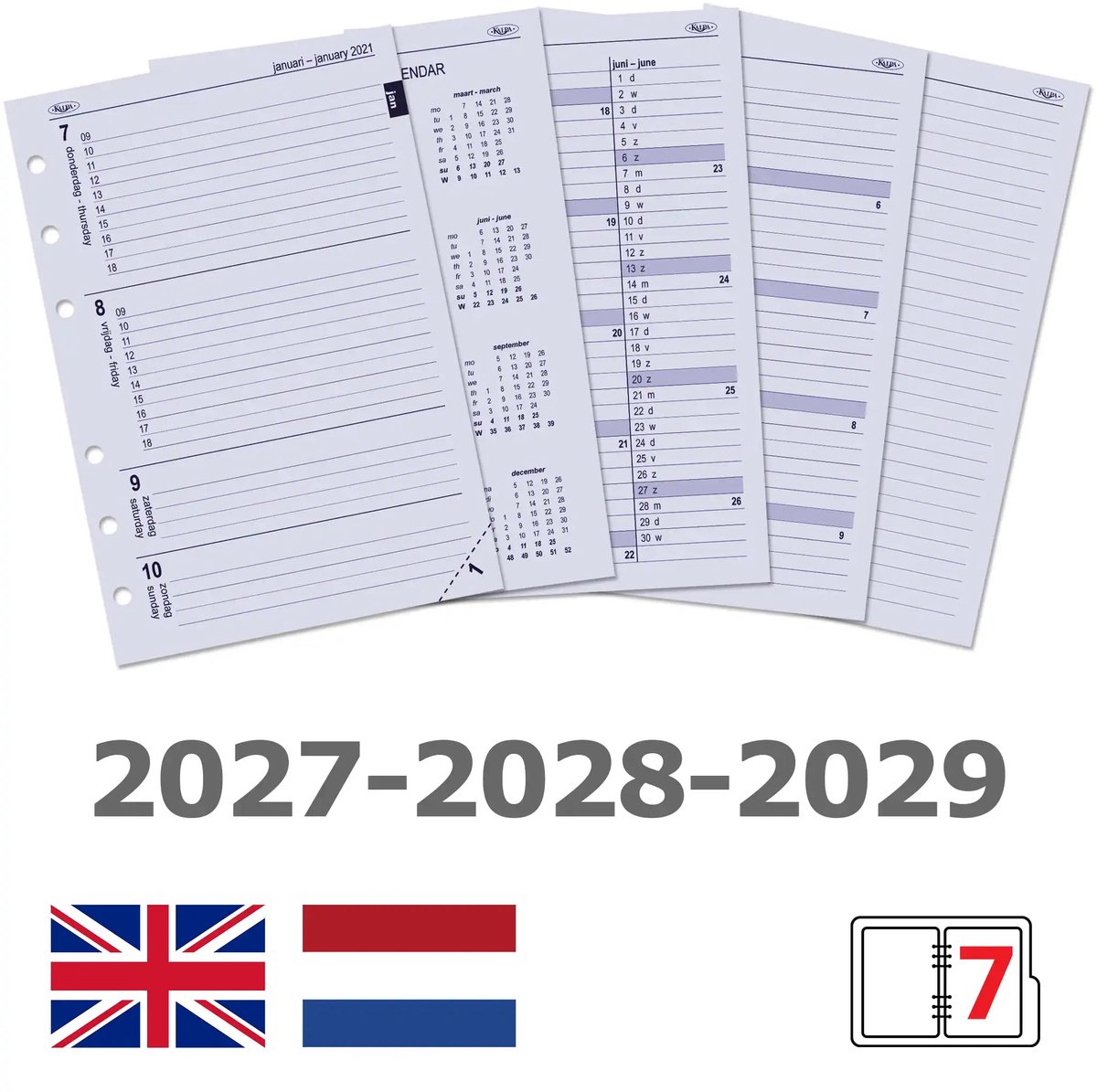 Kalpa 6307-27-28-29 210 x 144 mm A5 Agenda Planner Inserts Weekl met extra's EN NL 2027 2028 2029