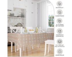 SnelShoppen - Waterdicht Tafelkleed Wipe Clean Vierkant 200 x 137 cm - PVC Olie Doek Tafelbeschermer voor Binnen en Buiten - Met Gouden Medaillon Kant