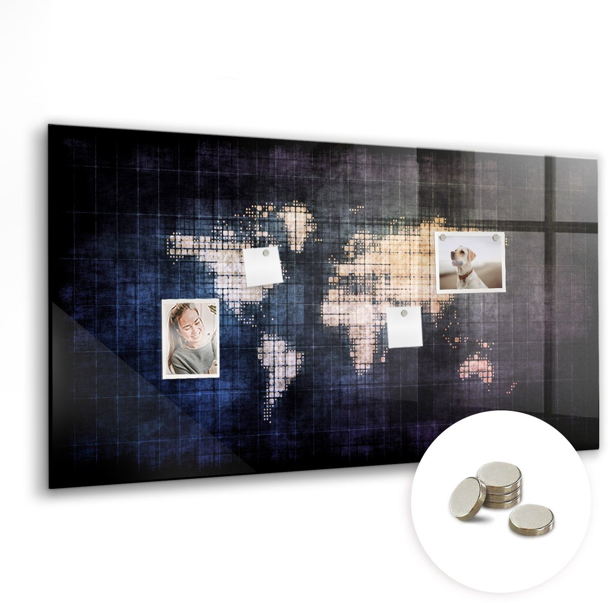 Coloray Glazen Magneetbord - Magnetisch Bord Wereldkaart op hout - 120x60 cm - Zwart-wit Magneetbord - Magnetic Board - Magneetbord Design